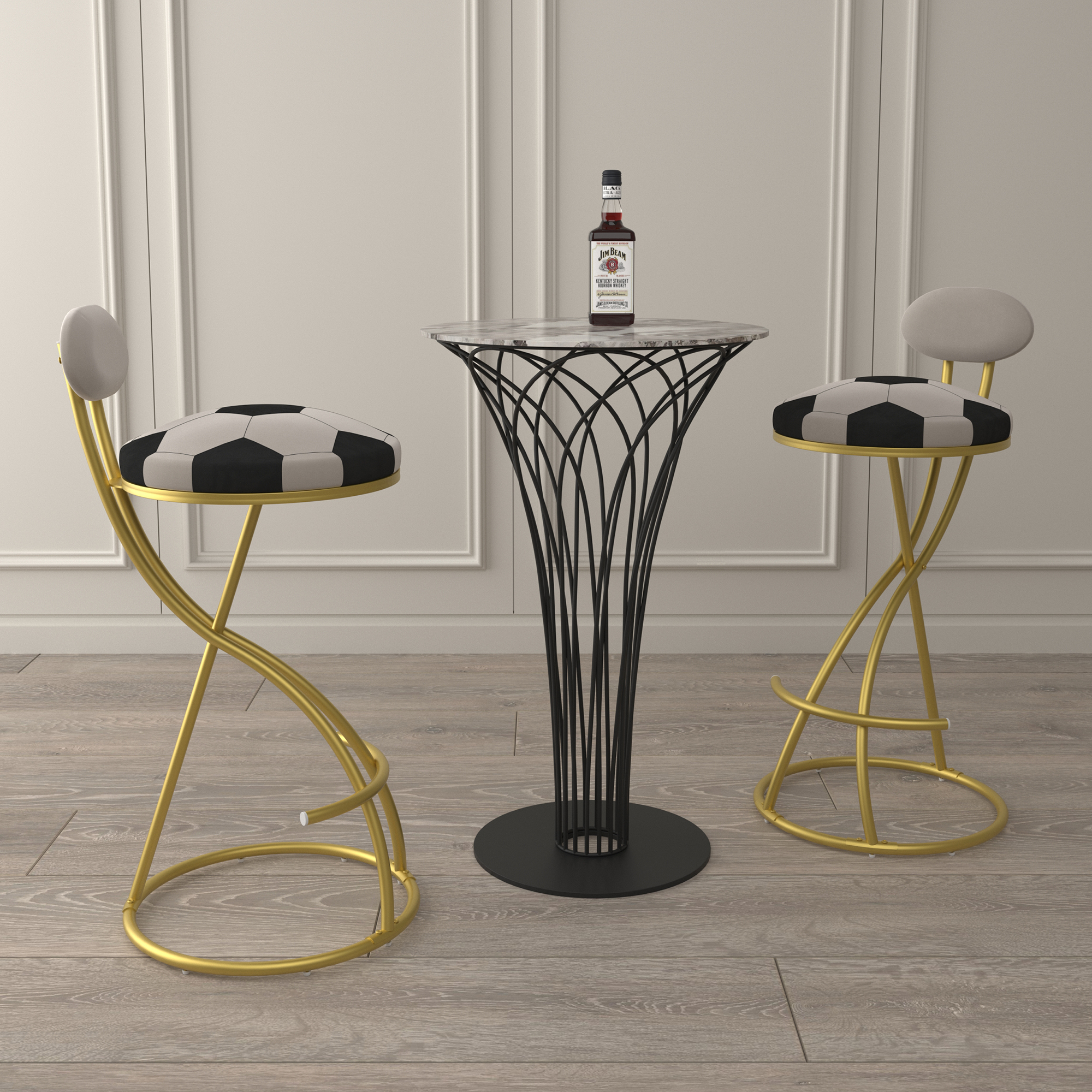 Football Print Bar Stools Set Of 2 Upholstered Counter Height Barstool For Kitchen Island S-shaped Velvet Metal Dining Chairs Gold Frame  Creamy White Back