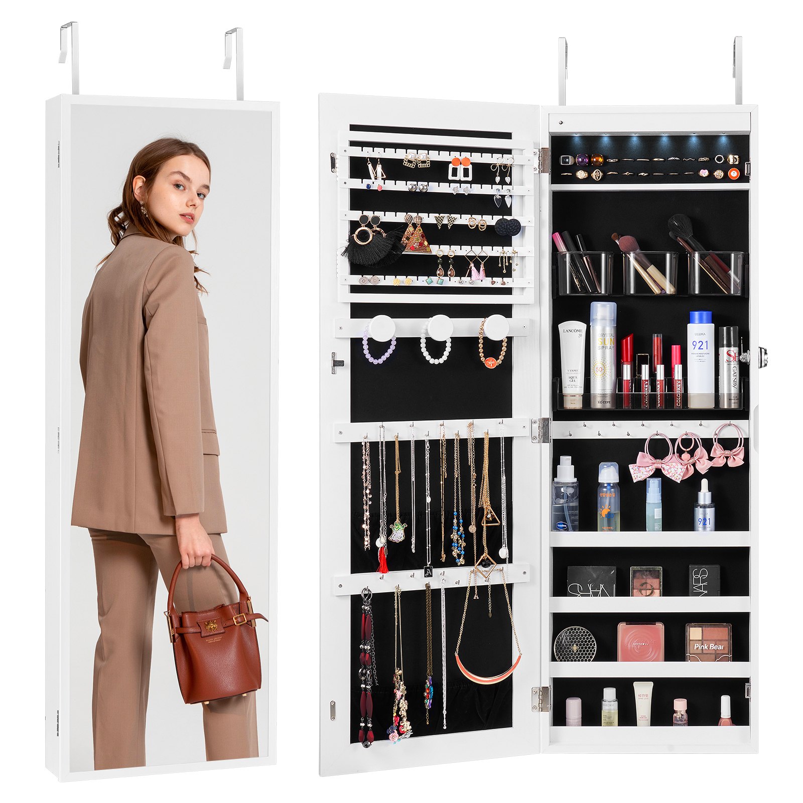 Abschließbarer Schmuckschrank Schmuckspiegelschrank 108cm Hohe, Aufbewahrung Von Juwelen Mit Ganzkörperspiegel, Schmuckspiegel-Organizer Mit LED-Innenbeleuchtung & Samtfutter, Weiß