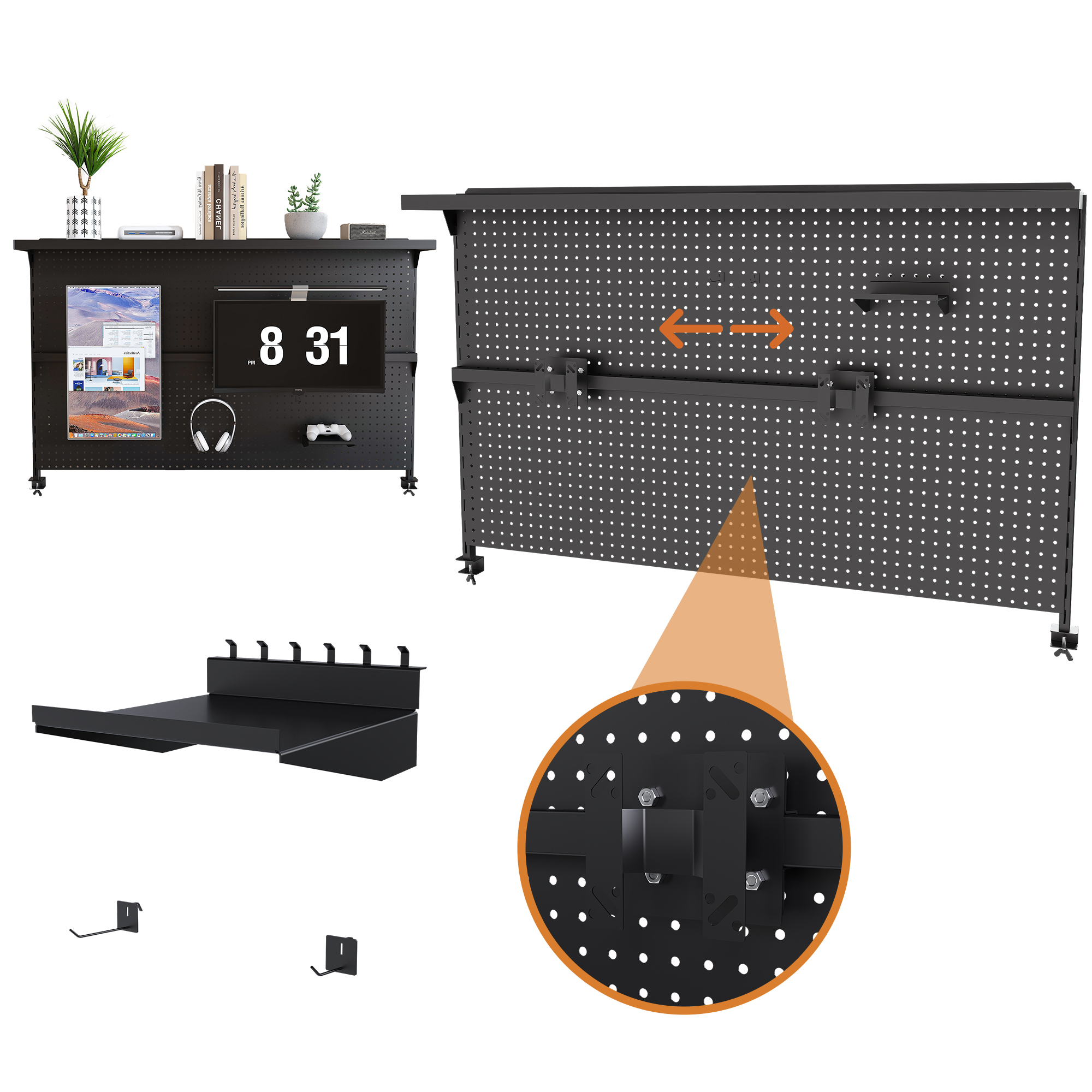 Metal Pegboard Desk Organizer With Dual Monitor Stand, 59x35 Inch Large Privacy Panel With 3 Accessories, Sturdy Gaming & Office Desk Wall Organizer, Black