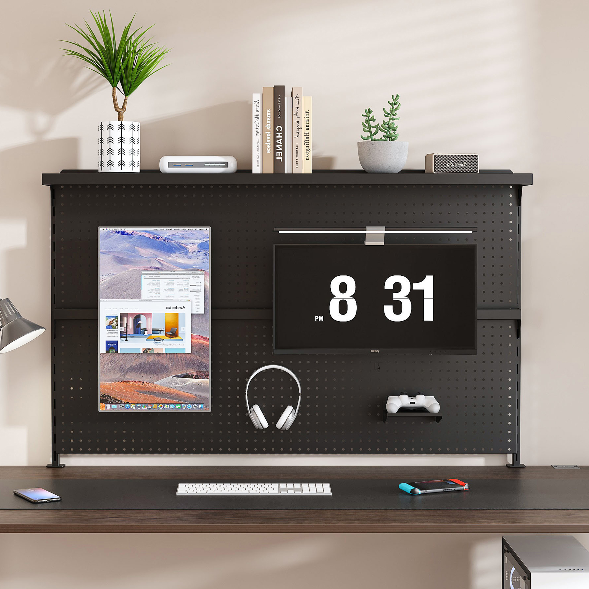 Organizador de Escritorio Metal con Soporte Doble Monitor y Panel de Privacidad 59x35 Pulgadas - imagen 1