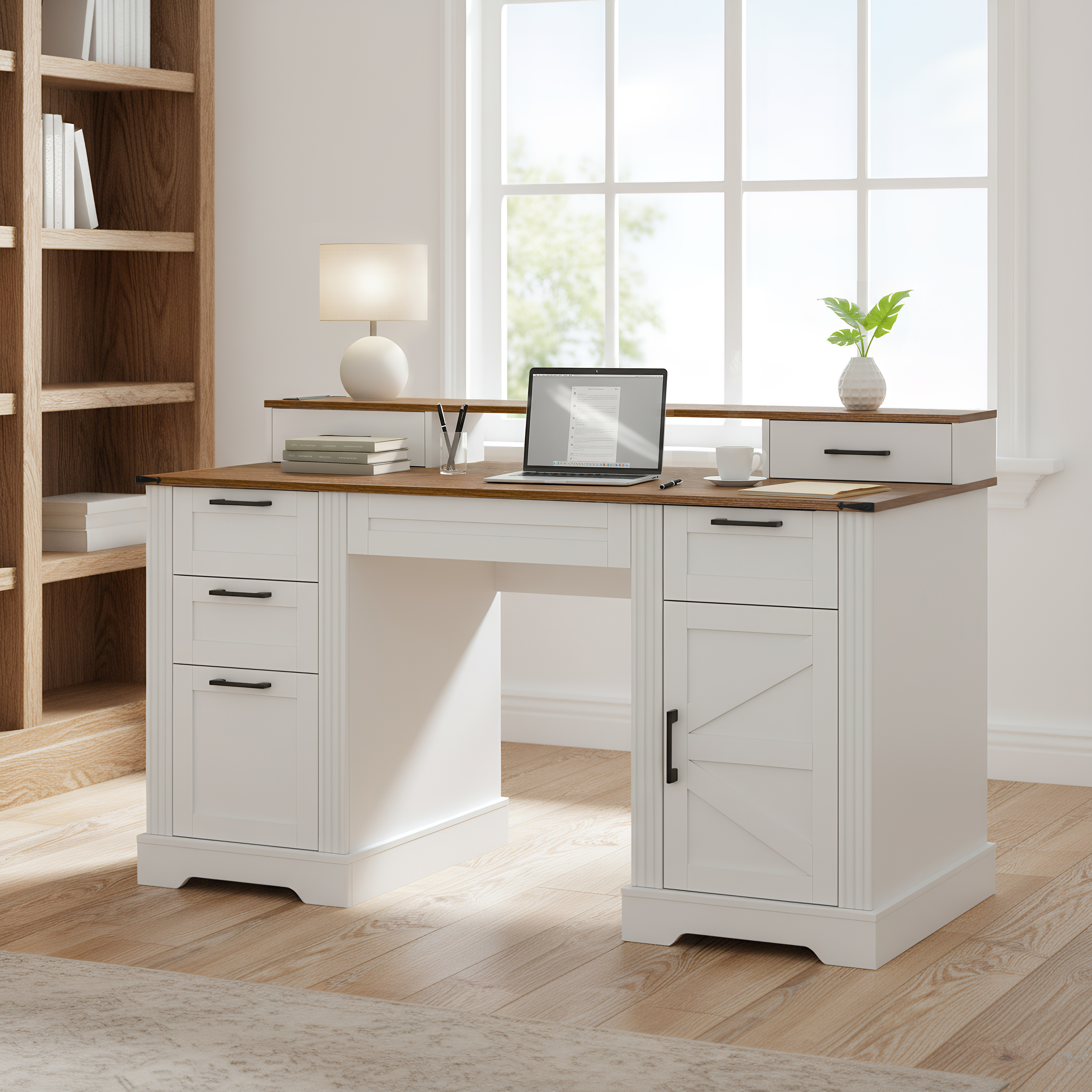 59 Farmhouse Office Desk With Charging Station Storage Cabinet, Barn Door Design Home Office Study Desk With File Drawer, Monitor Stand And Keyboard Tray For Office, Study, Living 