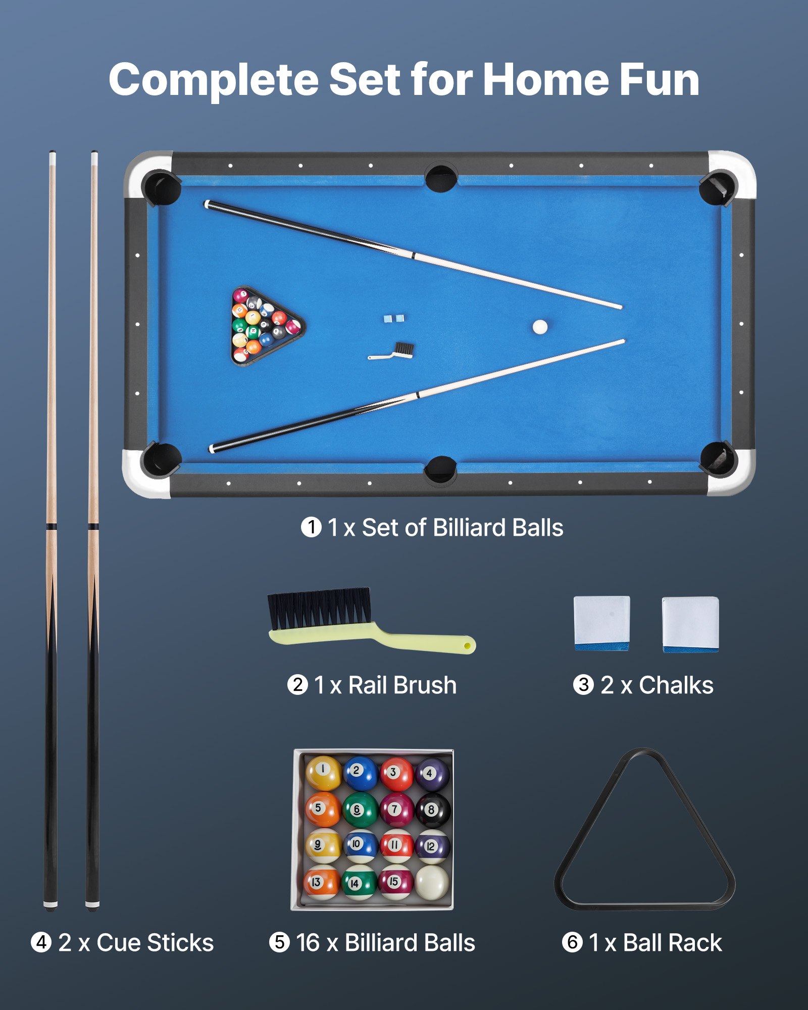 Billardtisch 213 Cm Moderner Spieltisch Mit Verstellbaren Füßen Komplettes Set Inkl. Bällen/Queues/Ständer/Kreide/Bürste Für Spielzimmer Freizeiträume Schwarz Mit Blauem Tuch