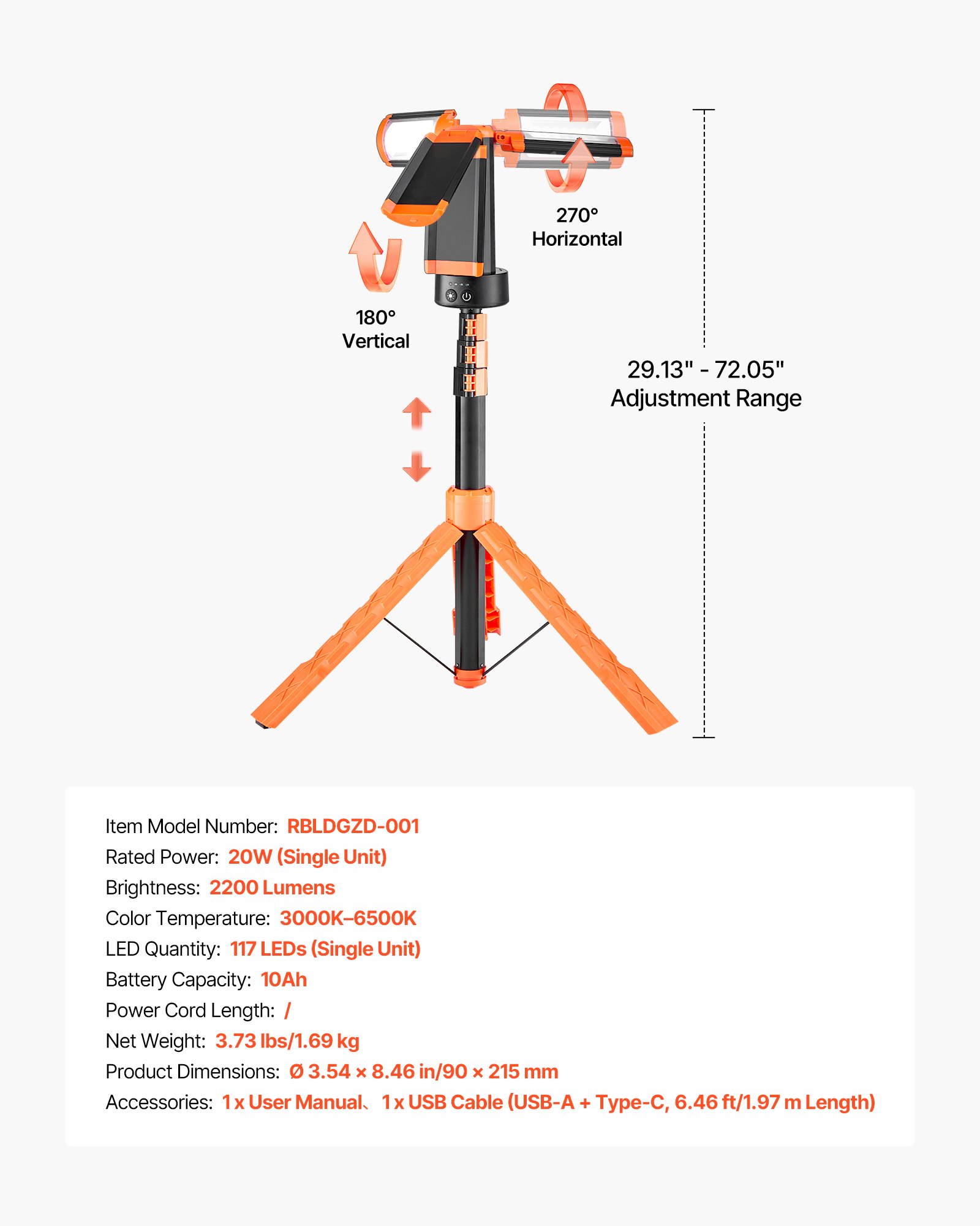 LED-Baustellenleuchte mit Stativ, 10-Ah-Akku, 3 Lampenköpfe, abnehmbares Stativ_voghion.com