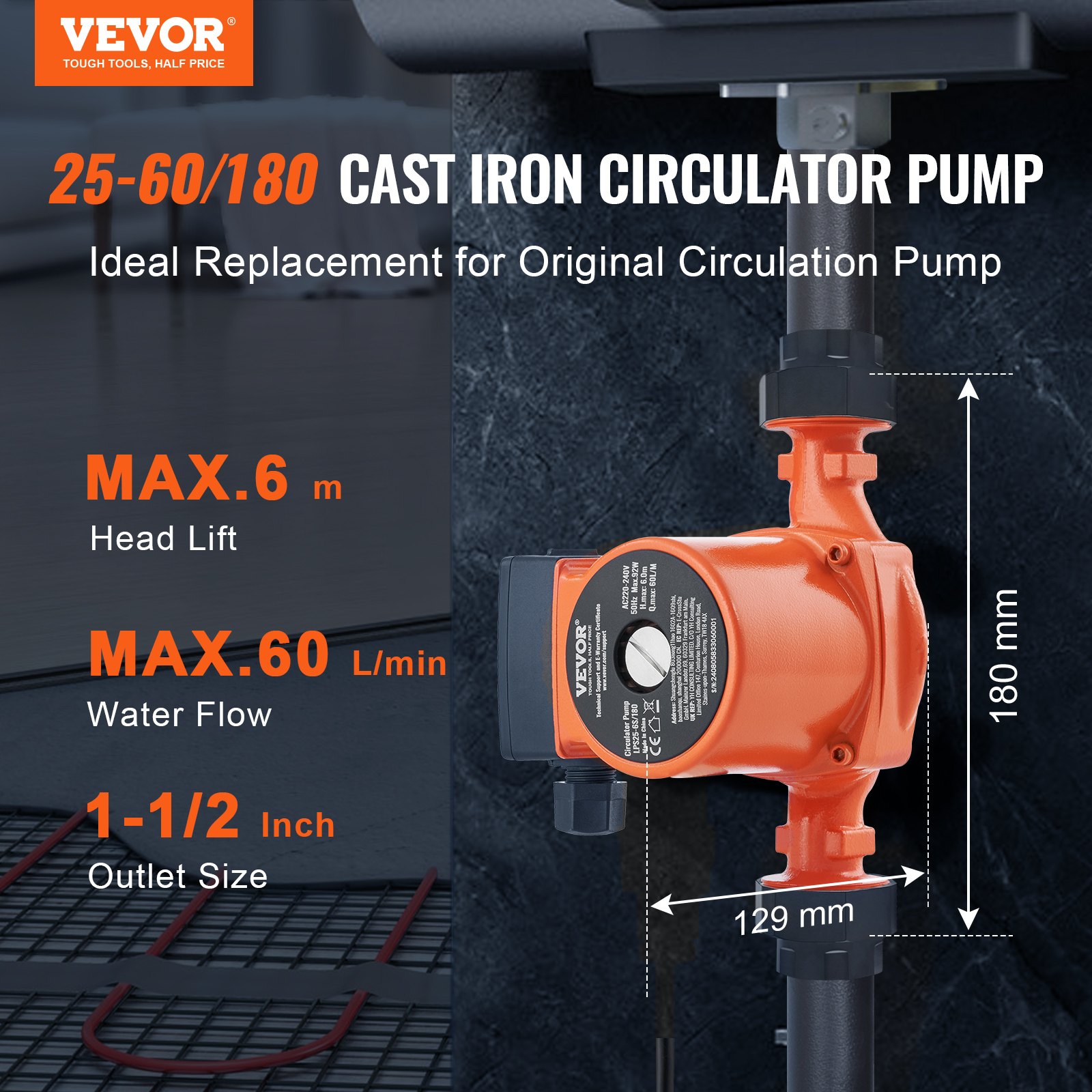 Energieeffiziente Heizungsumwälzpumpe – Gusseisen, 220 V, 92 W, max. Fördermenge 60 l/min, max. Förderhöhe 6 m, drei einstellbare Fördermengen_voghion.com