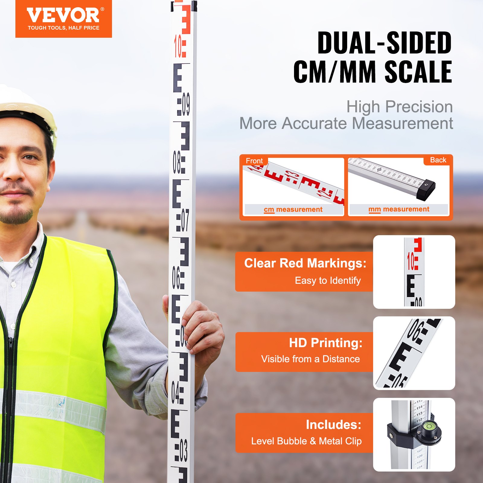 VEVOR Aluminium-Messstab – 5 m, metrisch, teleskopierbar, doppelseitige Skala in cm/mm, Nivellierlatte, Vermessungslatte mit Wasserwaage und Tragetasche_voghion.com