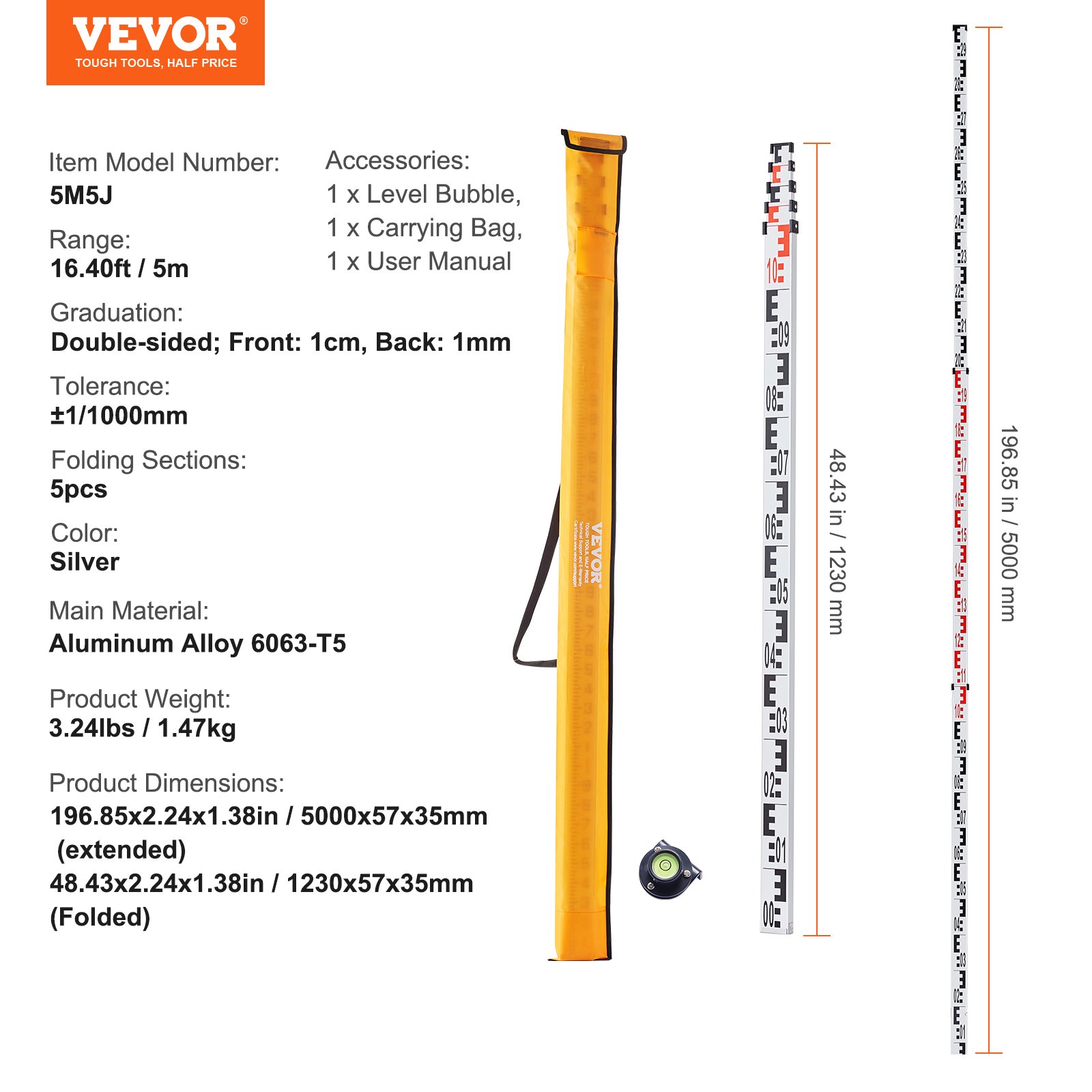 VEVOR Aluminium-Messstab – 5 m, metrisch, teleskopierbar, doppelseitige Skala in cm/mm, Nivellierlatte, Vermessungslatte mit Wasserwaage und Tragetasche_voghion.com