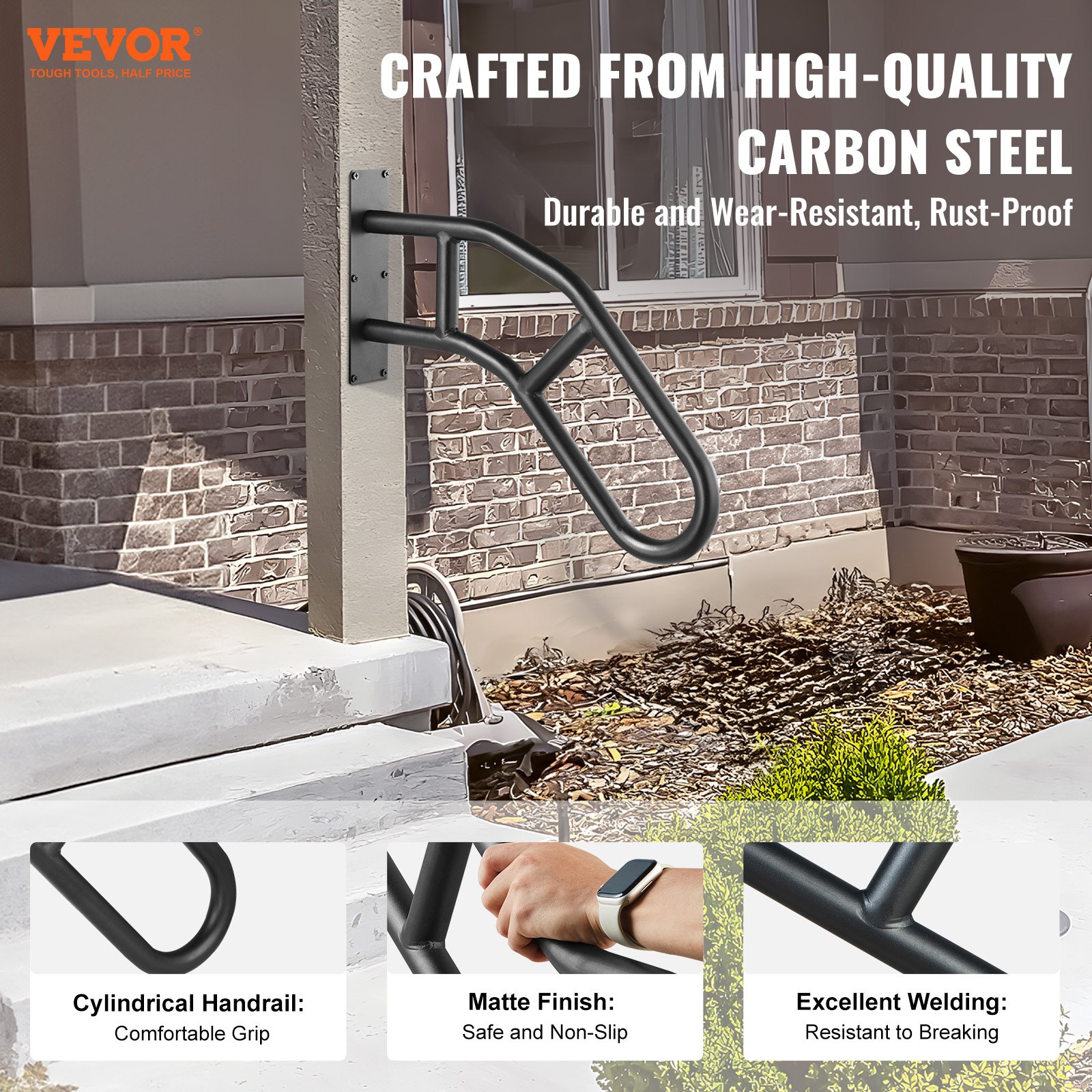 Handrail For Outdoor Steps Wall Mounted U-shaped Matte Black_voghion.com