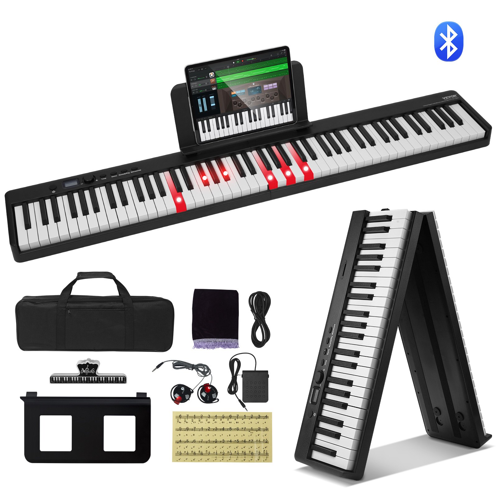 88-Tasten-Klappklavier Bluetooth Und MIDI Tragbares Elektronisches Digitales Klappklavier Mit Sustain-Pedaltasche Berührungsempfindlichen Tasten