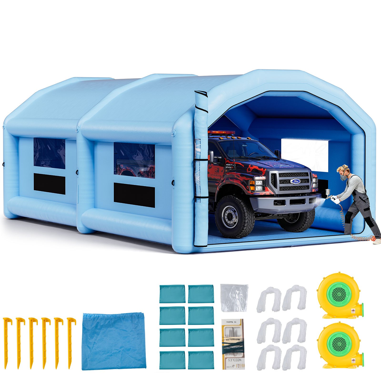 Aufblasbare Lackierkabine Spritzkabine 10 X 6 X 4 M Lackierkabinenzelt Mit 950 W Und 1100 W Gebläsen Und Luftfiltersystem Runddach Oxford-Gewebe Spritzlackierung Für Metallteile Von Auto