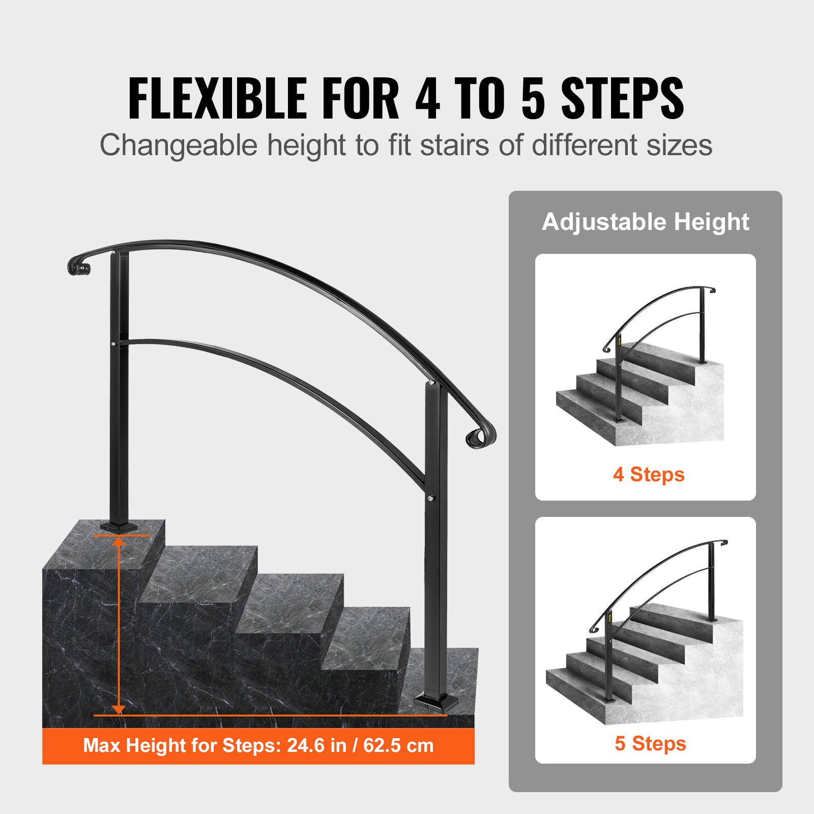 Handrails For Outdoor Steps, Fit 1 Or 5 Stair Railing, Black Wrought Iron