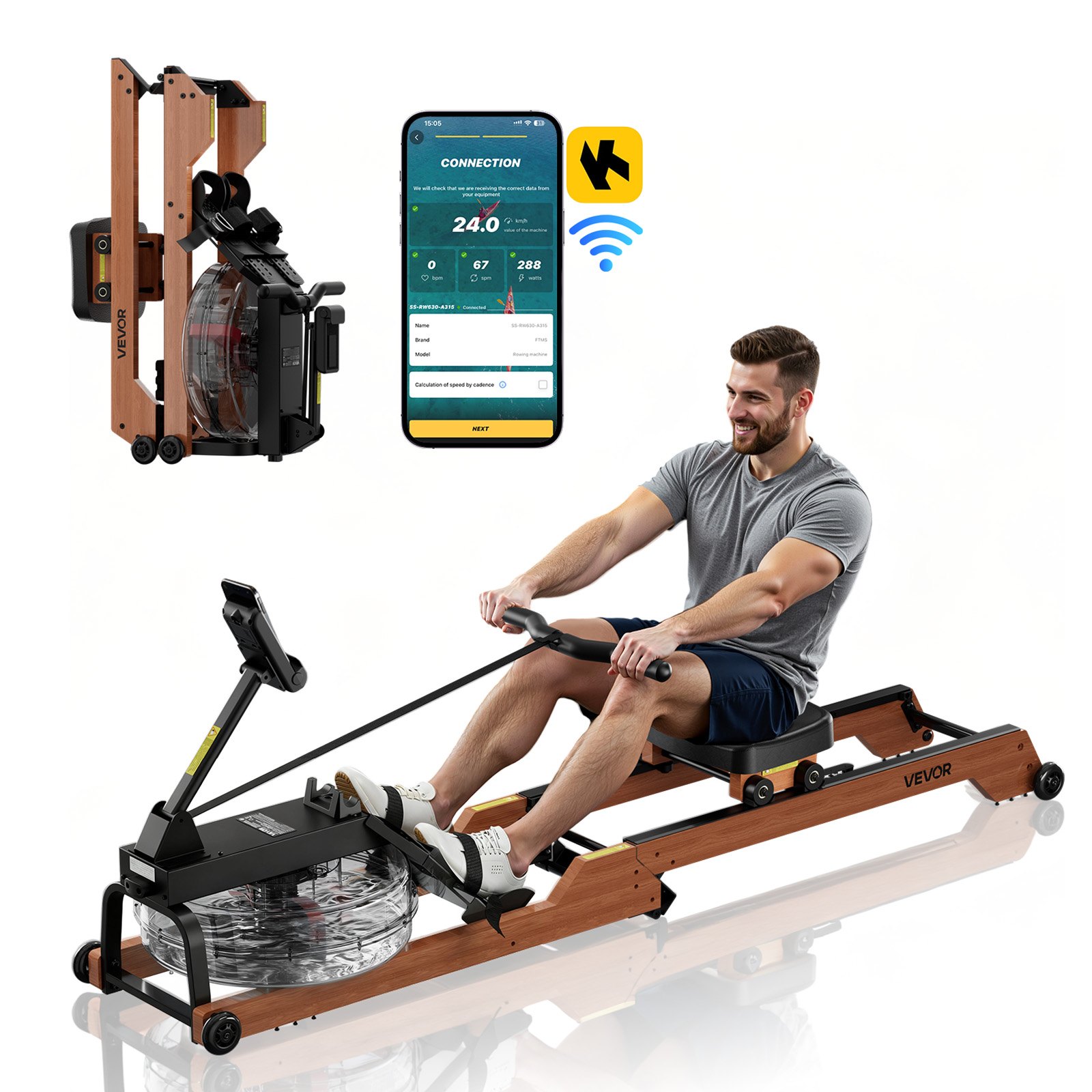 Rudergerät 6-stufiger Leiser Widerstand Faltbares Wasserrudergerät Aus Holz Mit 14 L Wassertank & LCD-Monitor Bluetooth-App-kompatibel 158 Kg Gewichtskapazität Immersives Rudergerät