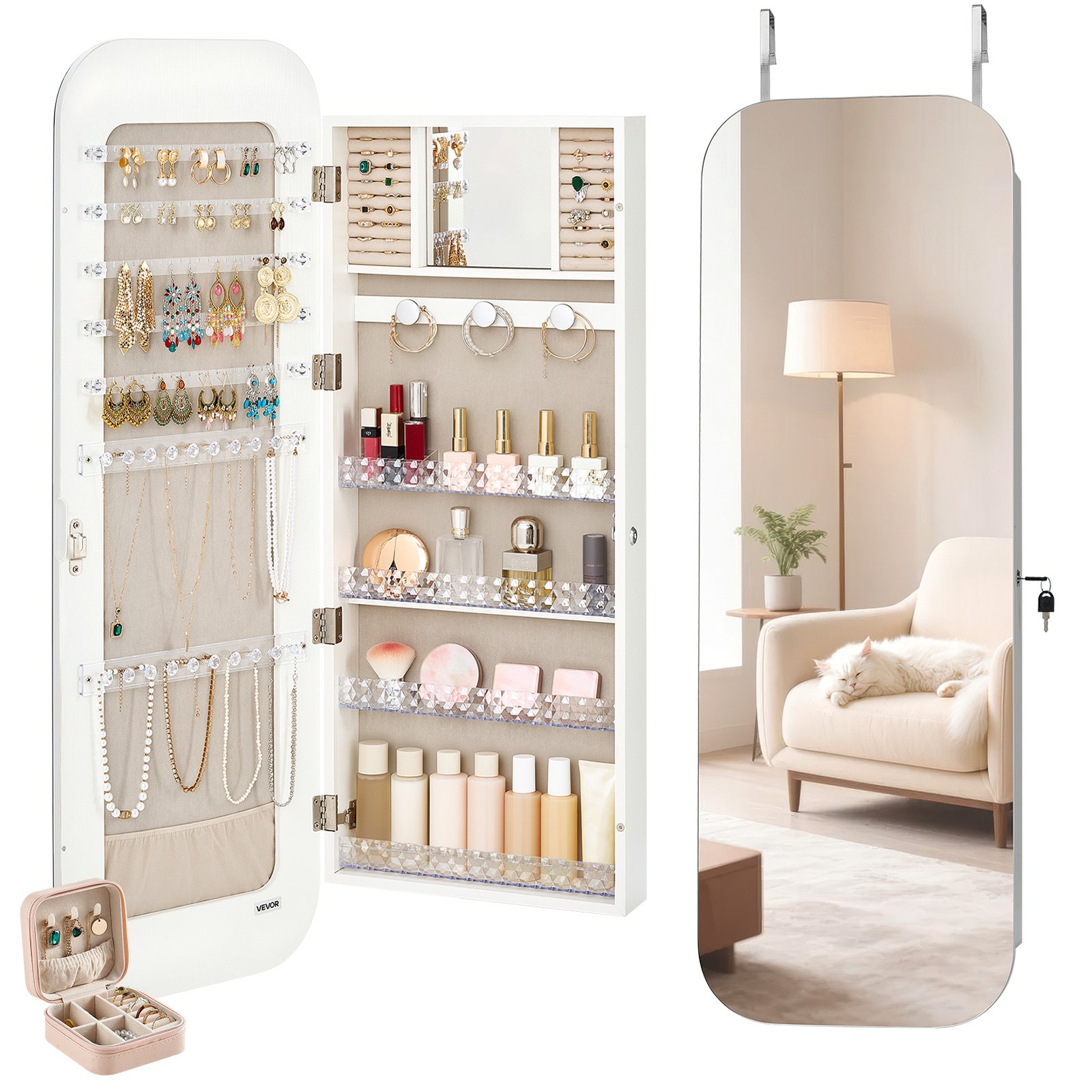 Schmuckschrank 108 Vm Hoch Ganzkörperspiegel Mit Stauraum Wandmontage/über Der Tür Schmuckschrank-Organizer Abgerundetes Design