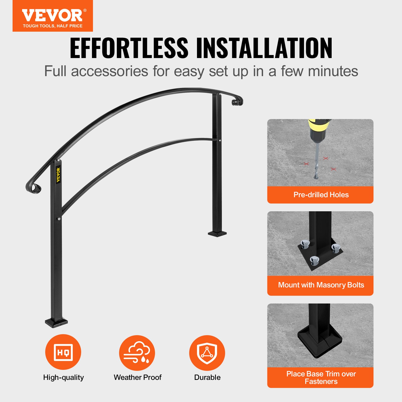 Handrails For Outdoor Steps, Fit 1 Or 5 Stair Railing, Black Wrought Iron — image 5