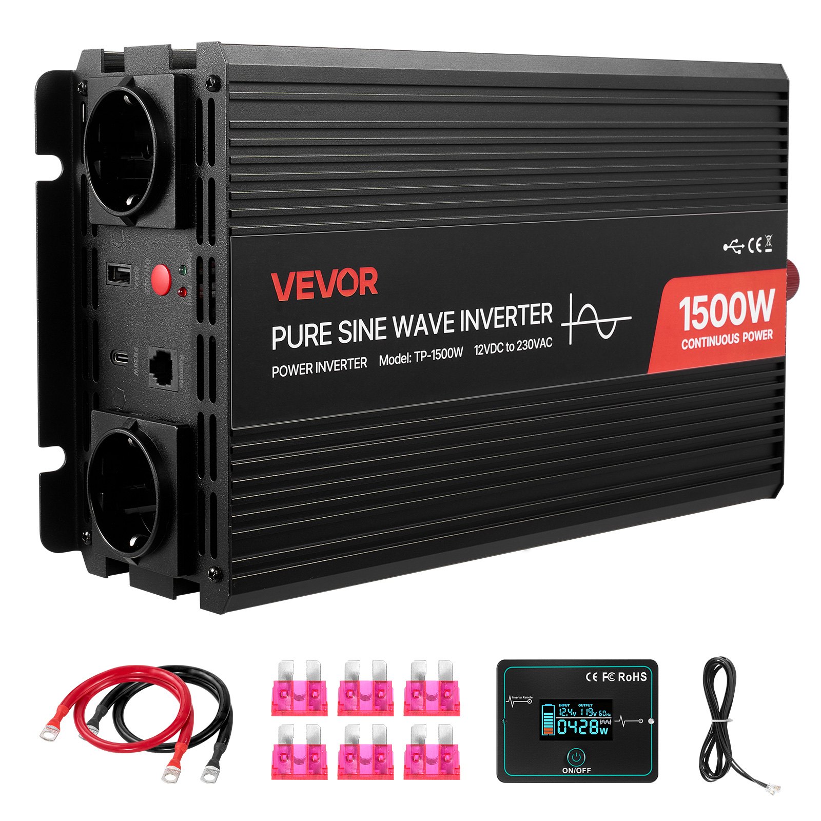 1500-W-Wechselrichter 12 V DC Auf 230 V AC Reiner Sinus-Wechselrichter Mit Fernbedienung USB- & Typ-C-Anschlüsse