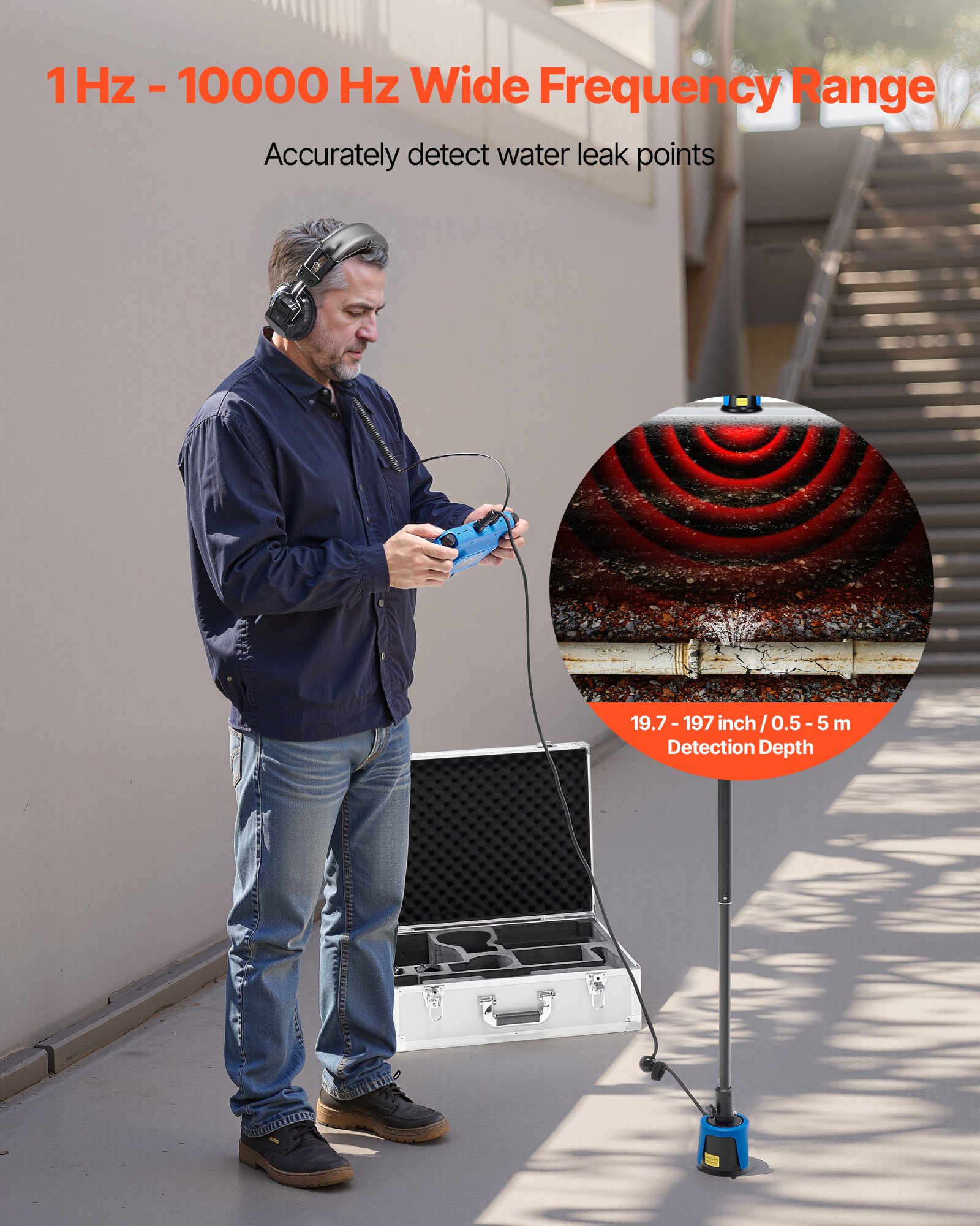 Rohr-Wasserleckdetektor Mit 4 Sensoren 1 Hz–10000 Hz 7-Zoll-Touchscreen Ortungsgerät Für Unterirdische Rohrleitungen Mit 3 Abhörstäben Kopfhörer