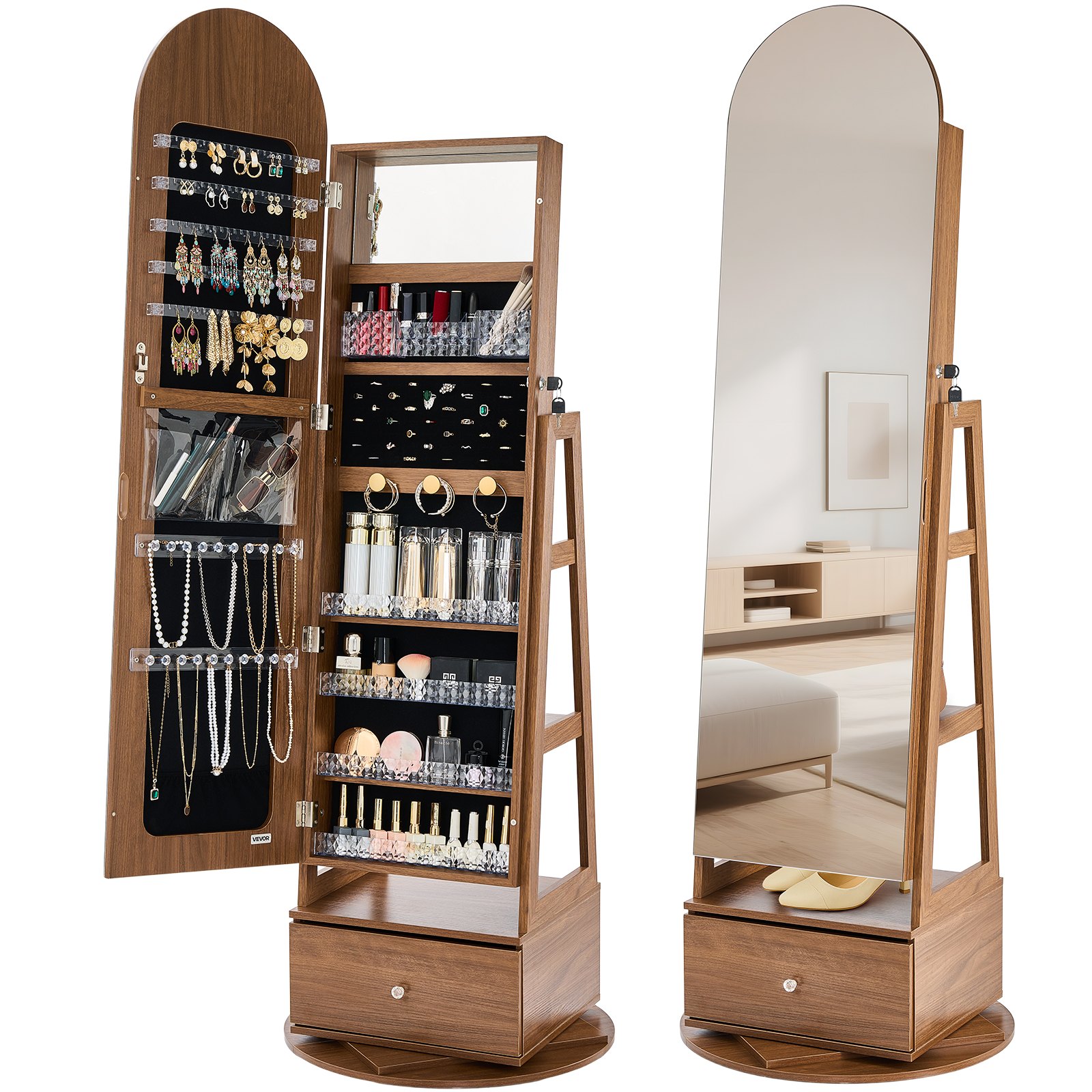 360° Drehbarer Schmuckschrank (1655 Mm Hoch) Mit Ganzkörperspiegel Mit Stauraum Schmuckschrank-Organizer Mit 2 Schlüsseln & Zubehörtaschen & Ablagefächer & Schubladen Schmuckaufbewahrung