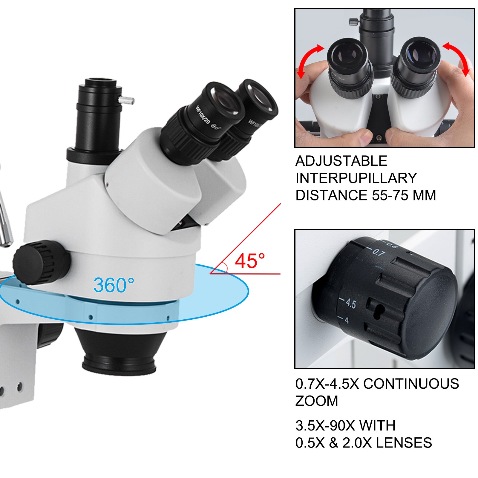 3.5X-90X Simul-Focal Stereo Microscope 360°Swiveling Trinocular With Dual Arm — image 4
