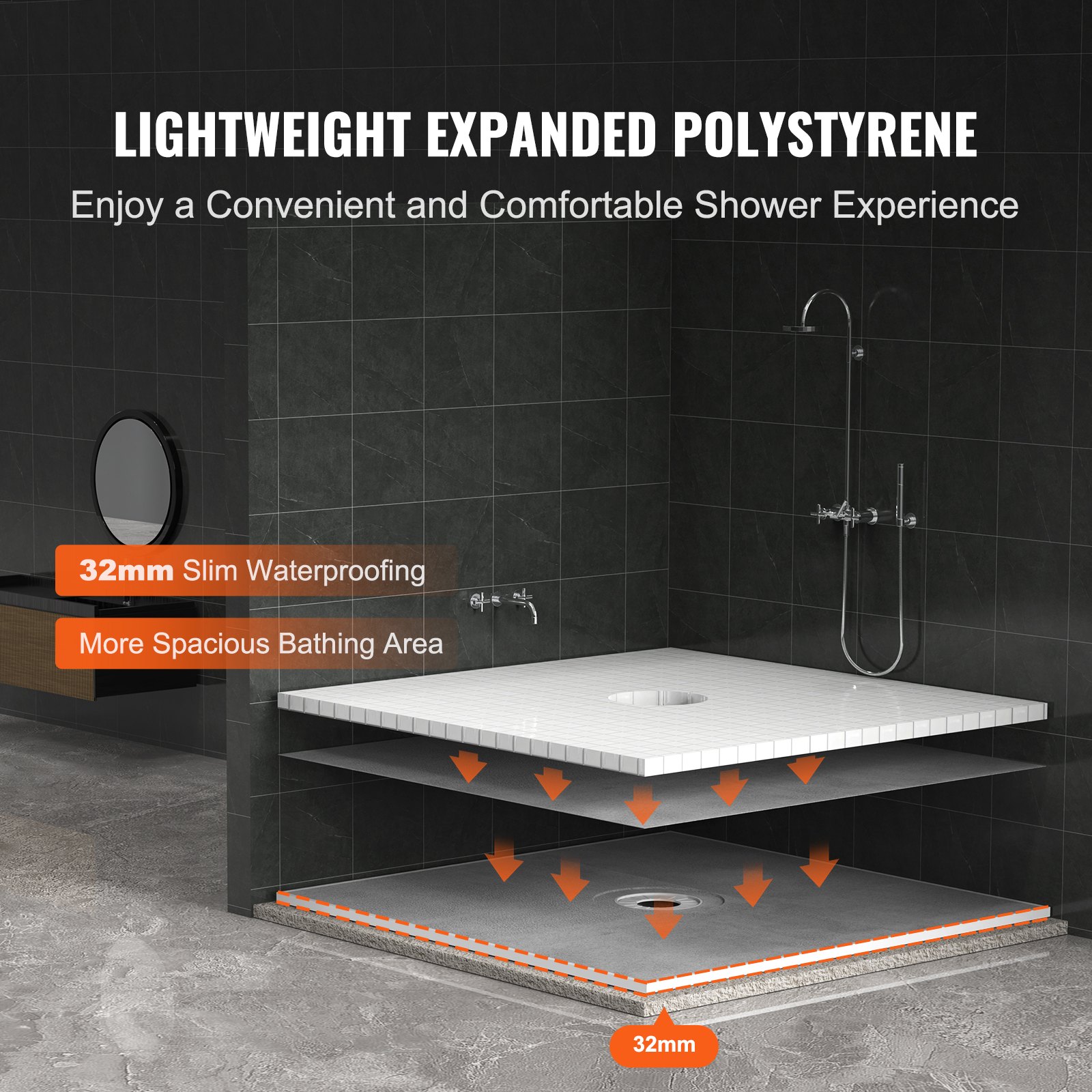 Shower Curb Kit, 1828x1828mm Pan With 160mm Central Drain, Lightweight EPS — image 3