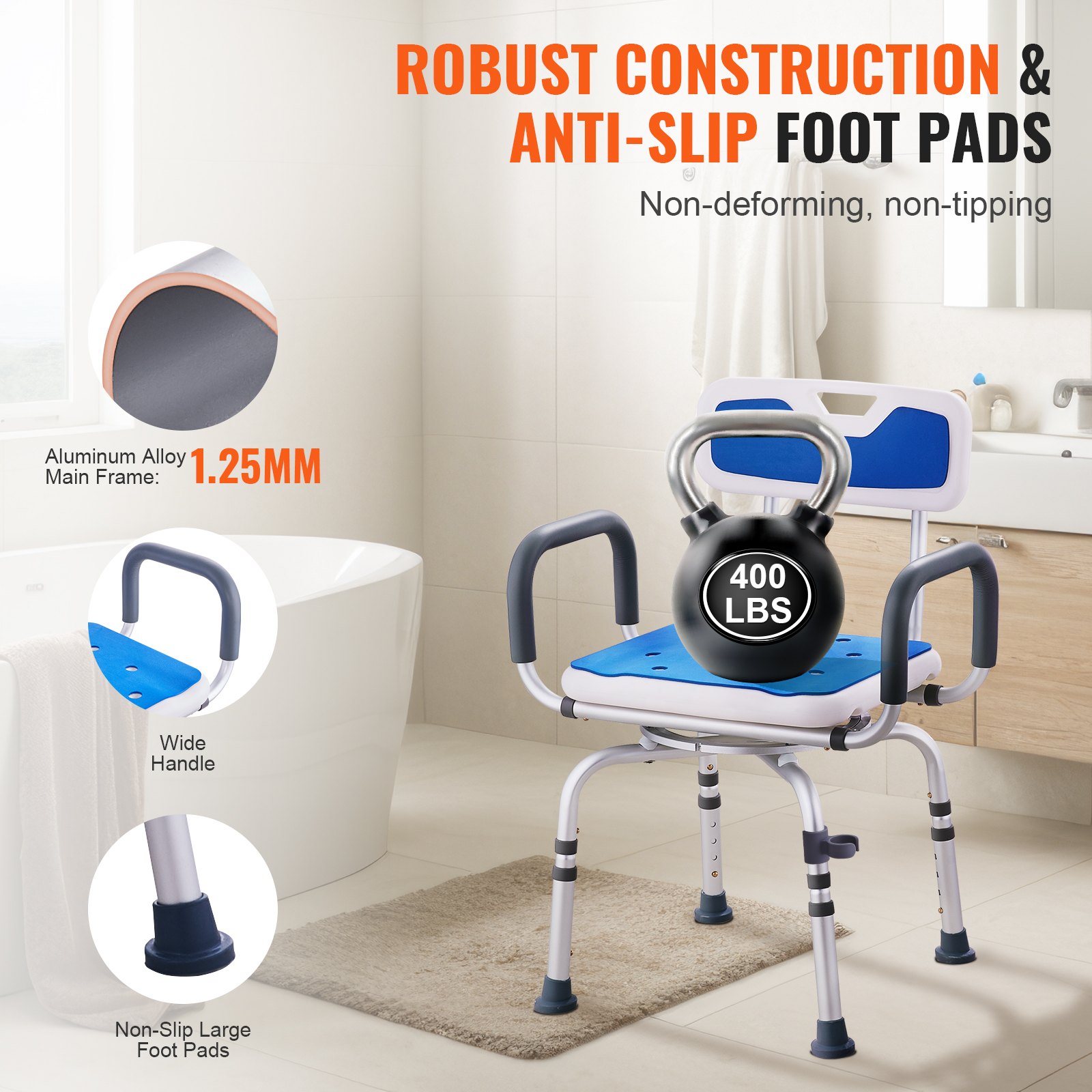 Swivel Shower Chair 360 Degree, Adjustable Seat With Armrests And Backrest — image 5