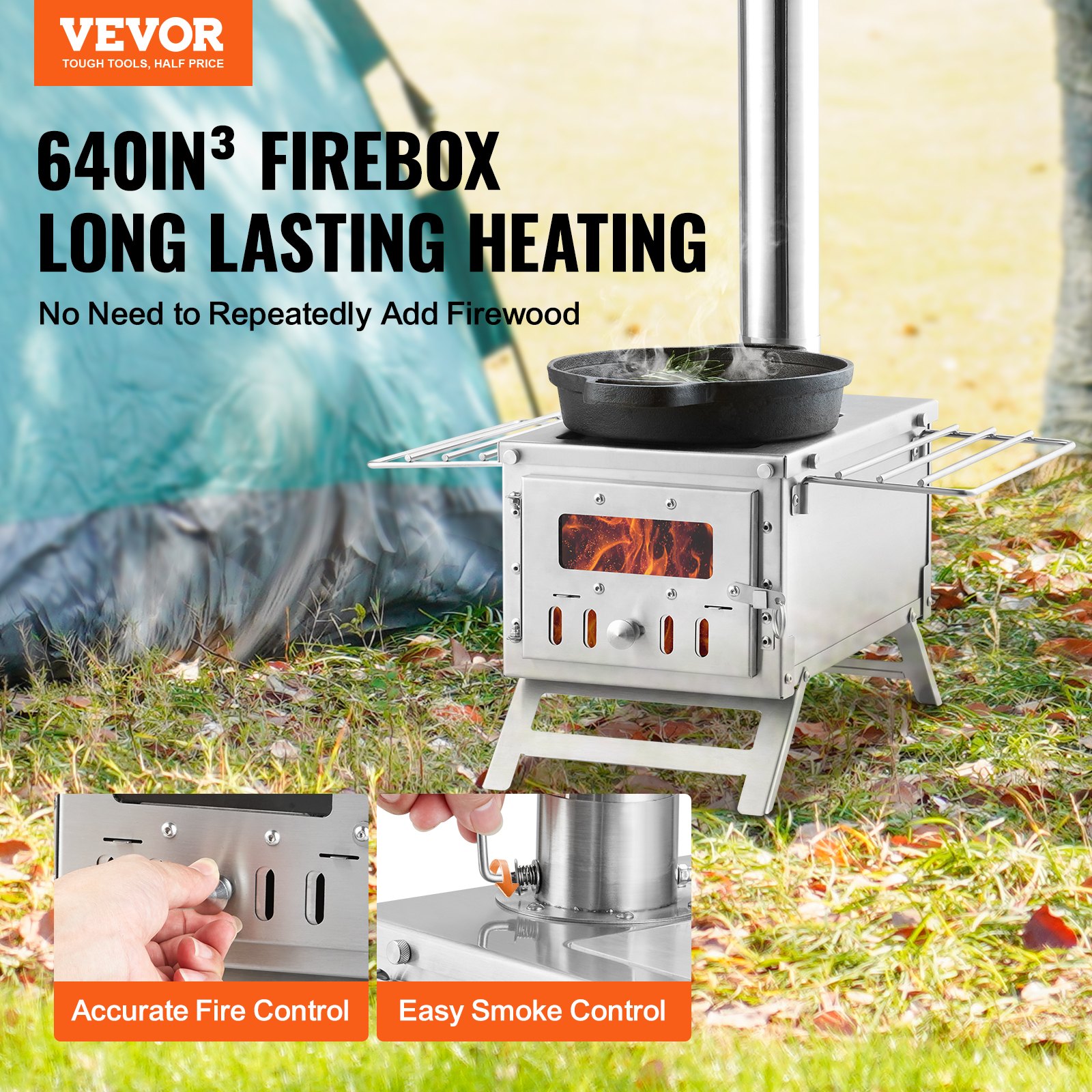 Wood stove, 203.20 cm, stainless steel camping tent stove,