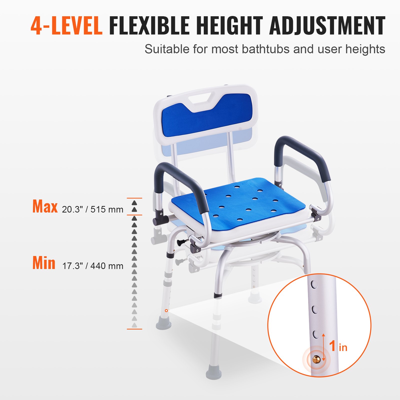 Swivel Shower Chair 360 Degree, Adjustable Seat With Pivoting Arms For Inside