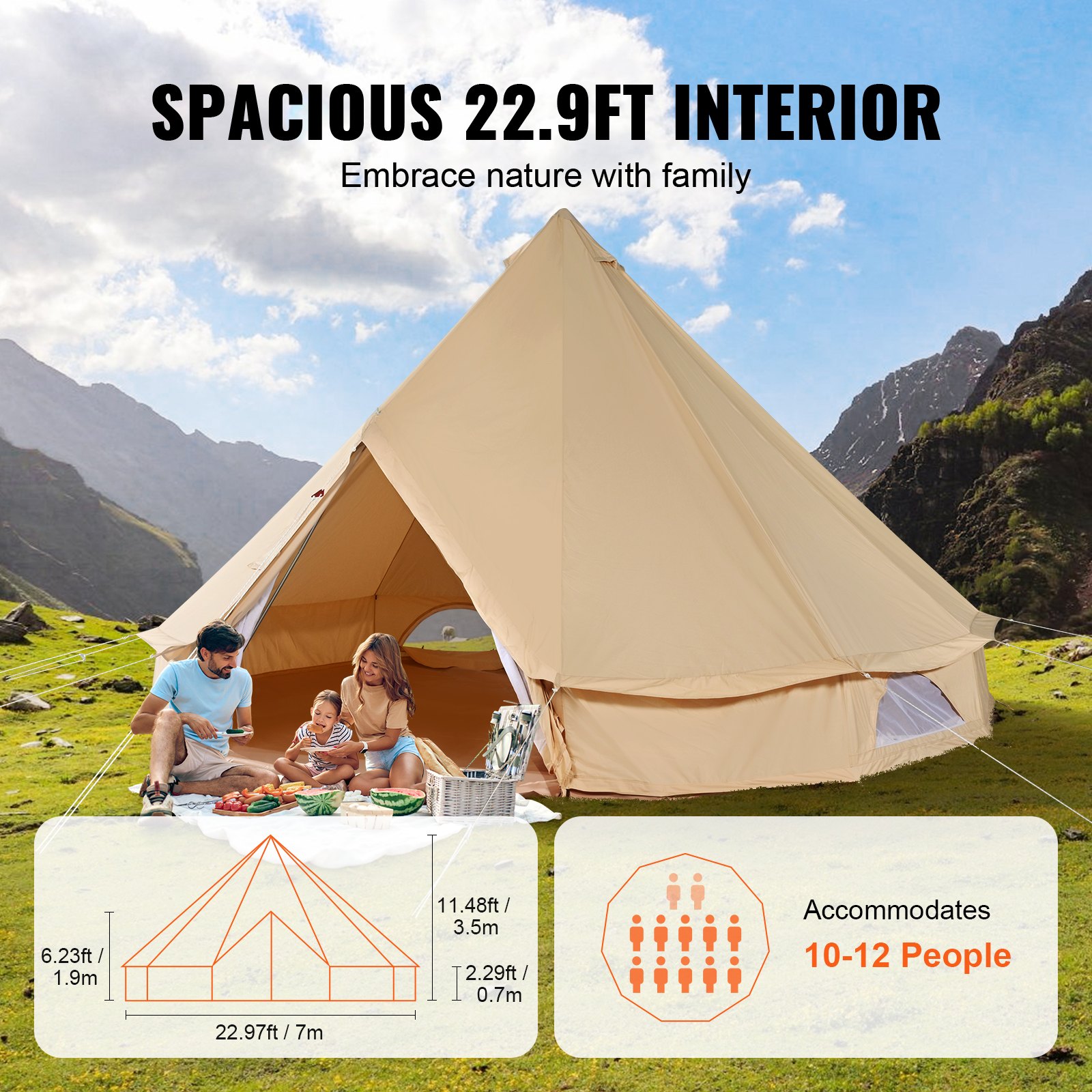Canvas bell tent, 4 seasons 7 m/22.97 ft yurt tent, canvas