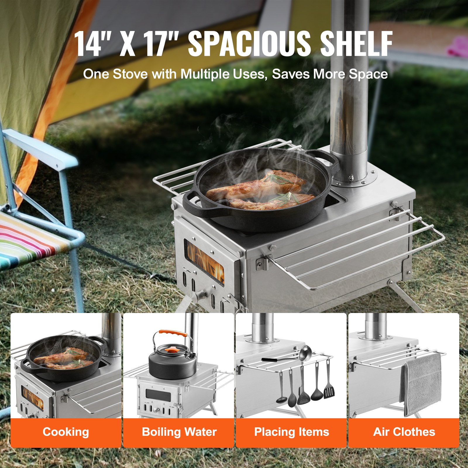 Wood stove, 203.20 cm, stainless steel camping tent stove,