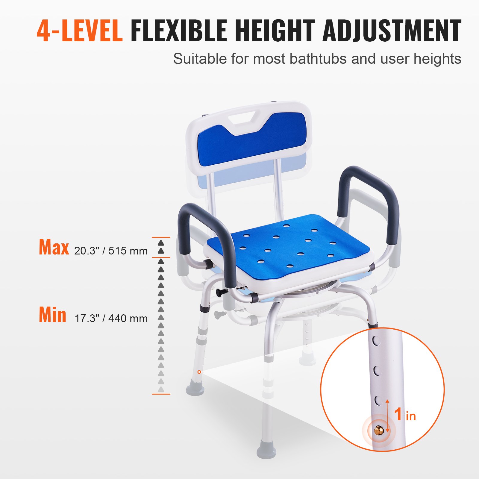 Swivel Shower Chair 360 Degree, Adjustable Seat With Armrests And Backrest — image 3
