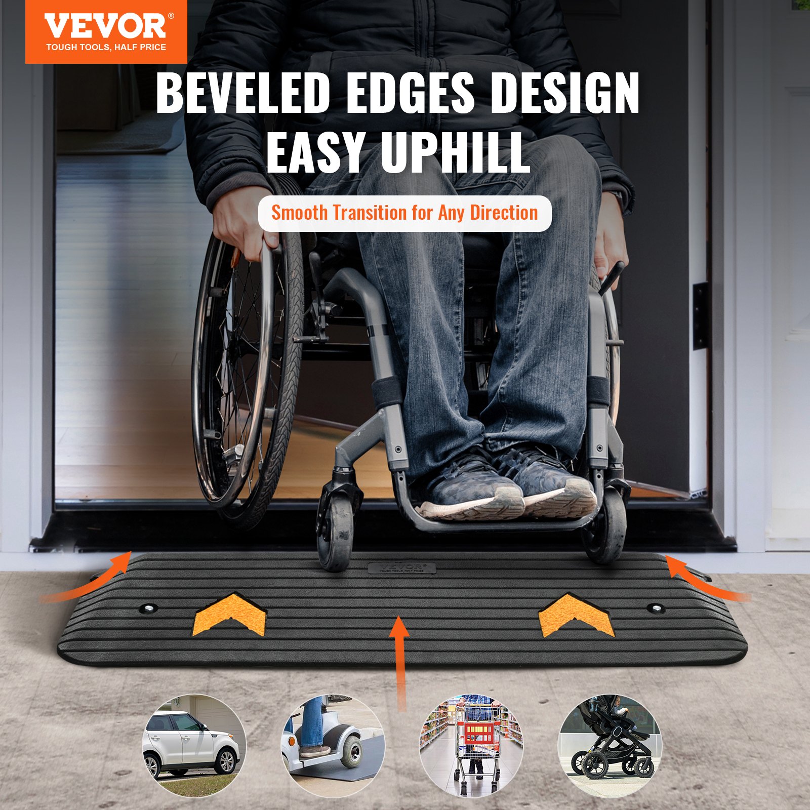 Upgraded Rubber Threshold Ramp, 1" Rise Wheelchair Doorway, Natural Curb Rated