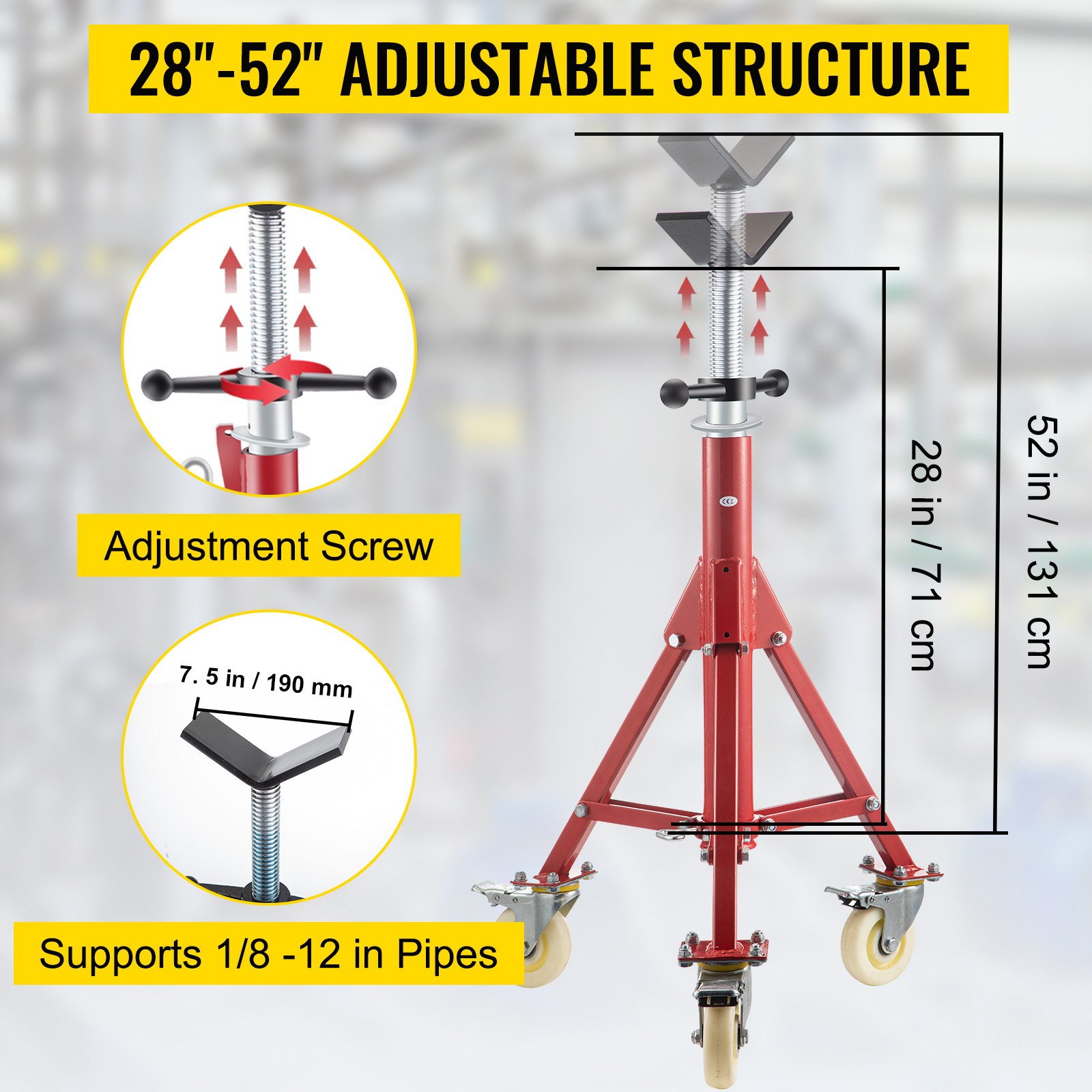 Pipe Jack Stand, V Head Adjustable Height 71.12-132.08 Cm, Stands With Casters