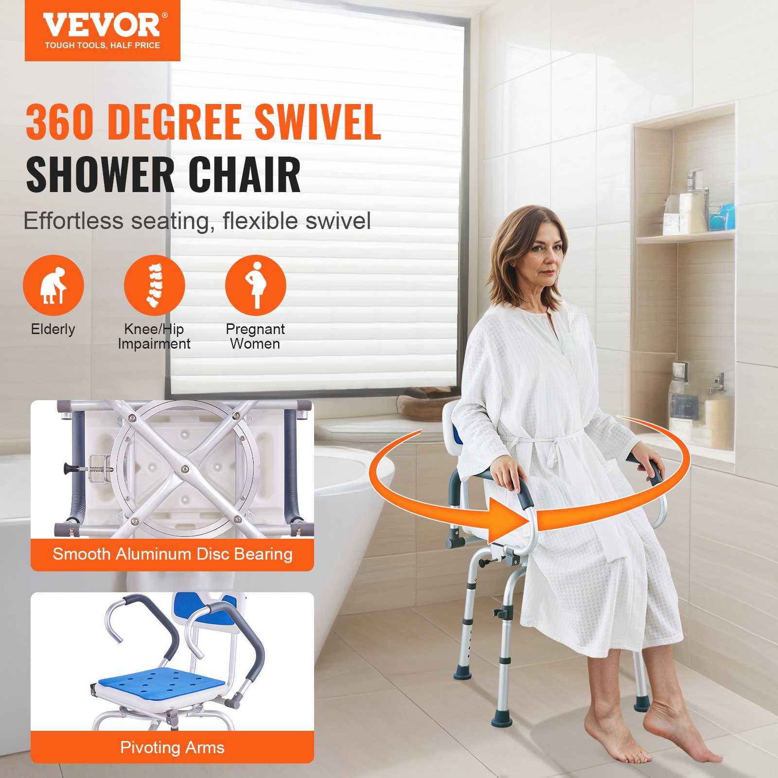 Swivel Shower Chair 360 Degree, Adjustable Seat With Pivoting Arms For Inside — image 4