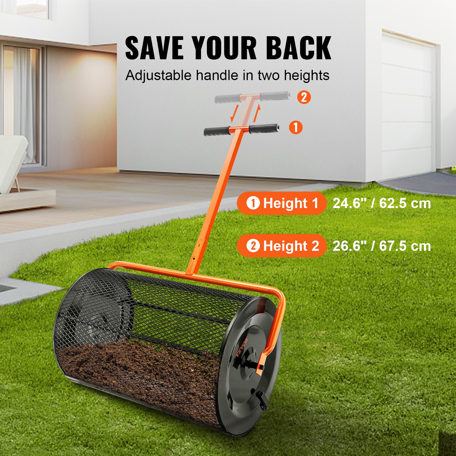 Compost Spreader, 24.4-25.6" Height Adjustable Handle, 24" Wide, Lawn