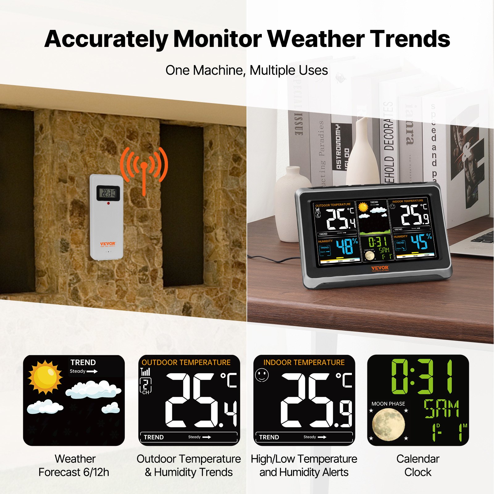 Weather Station Indoor Outdoor, 7.5 In Color Display, Wireless Digital Home