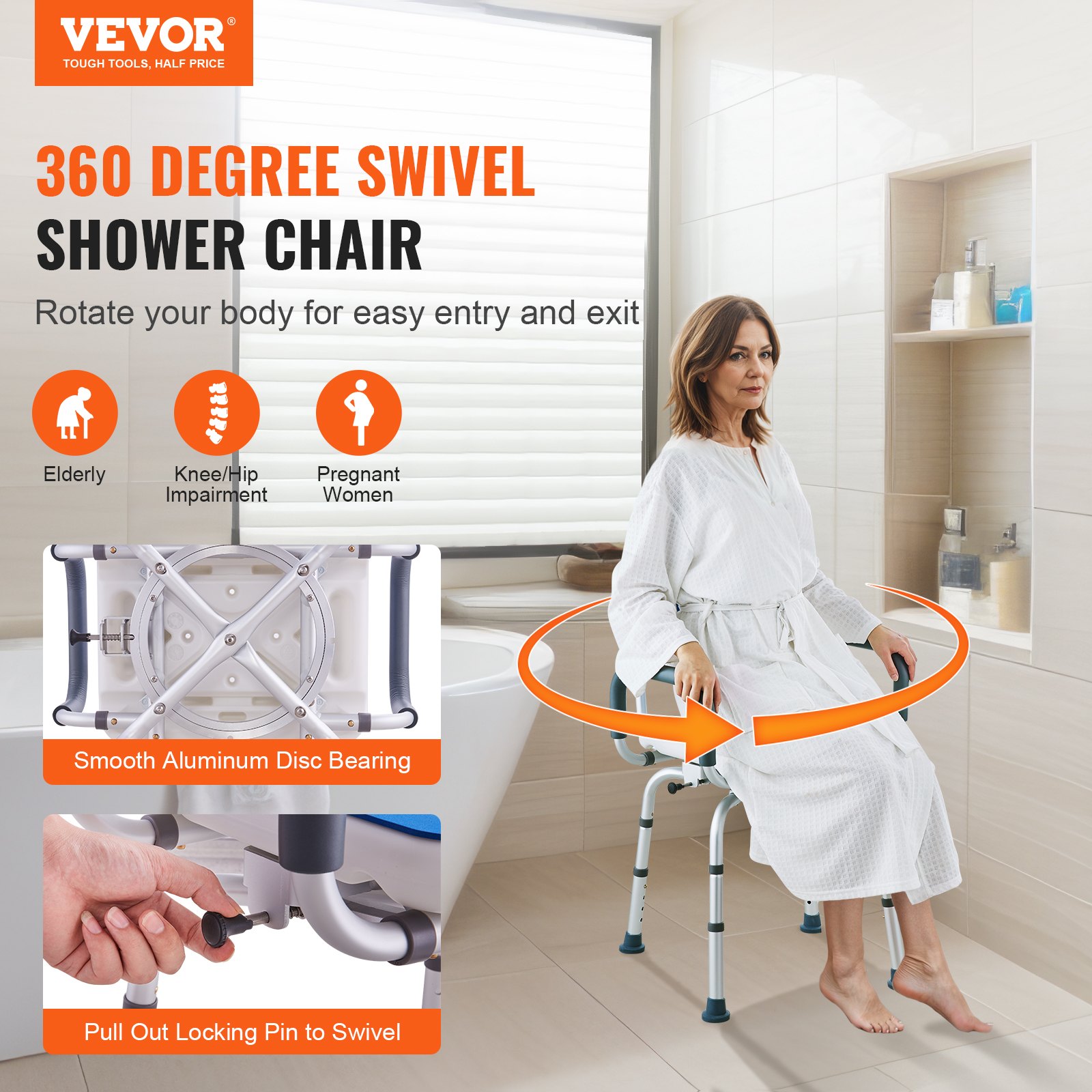Swivel Shower Chair 360 Degree, Adjustable Seat With Armrests And Backrest — image 2