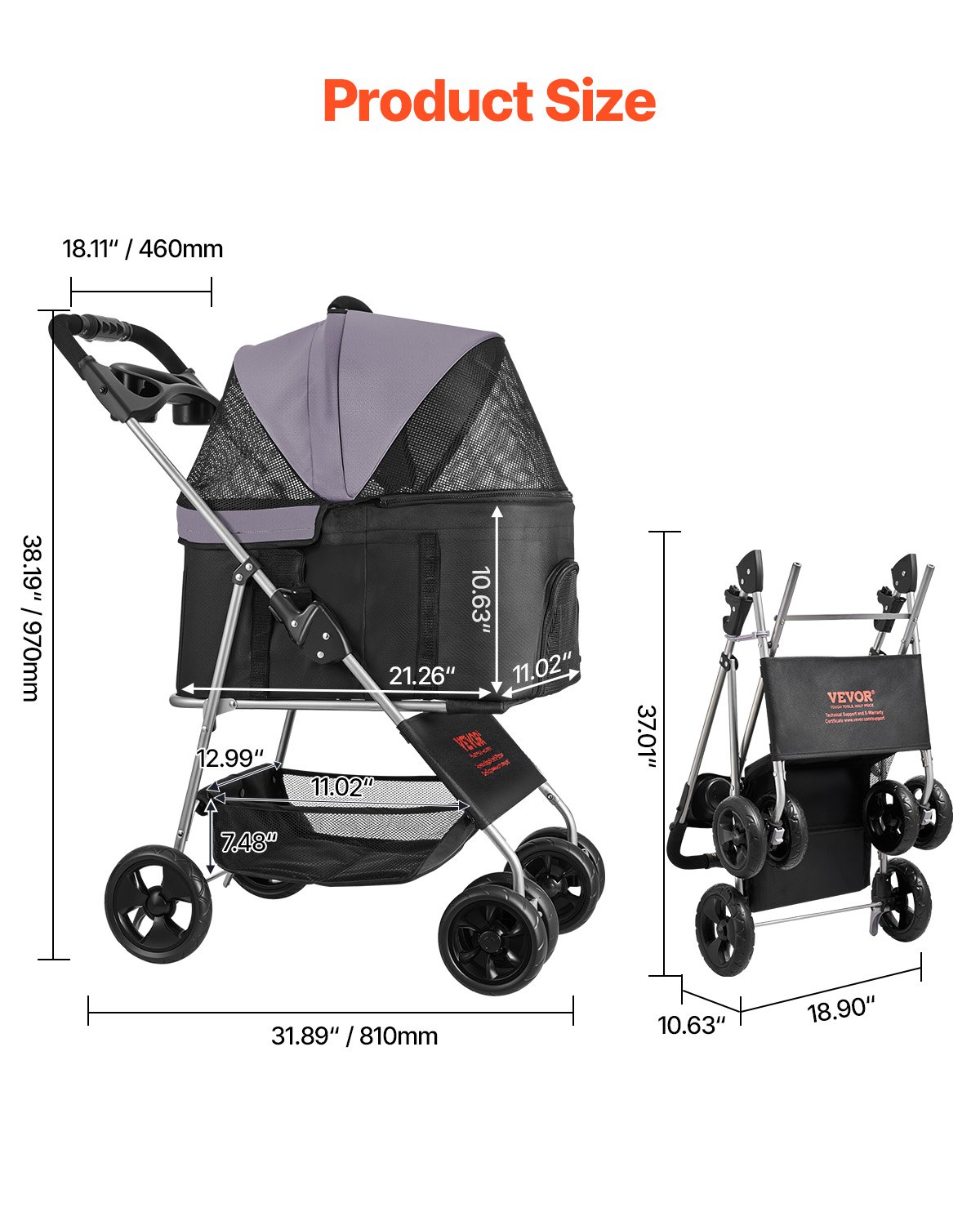 Pet Stroller, 35 Lbs Weight Capacity, Foldable Dog Cart, 4 Wheels Cats Pram — image 3