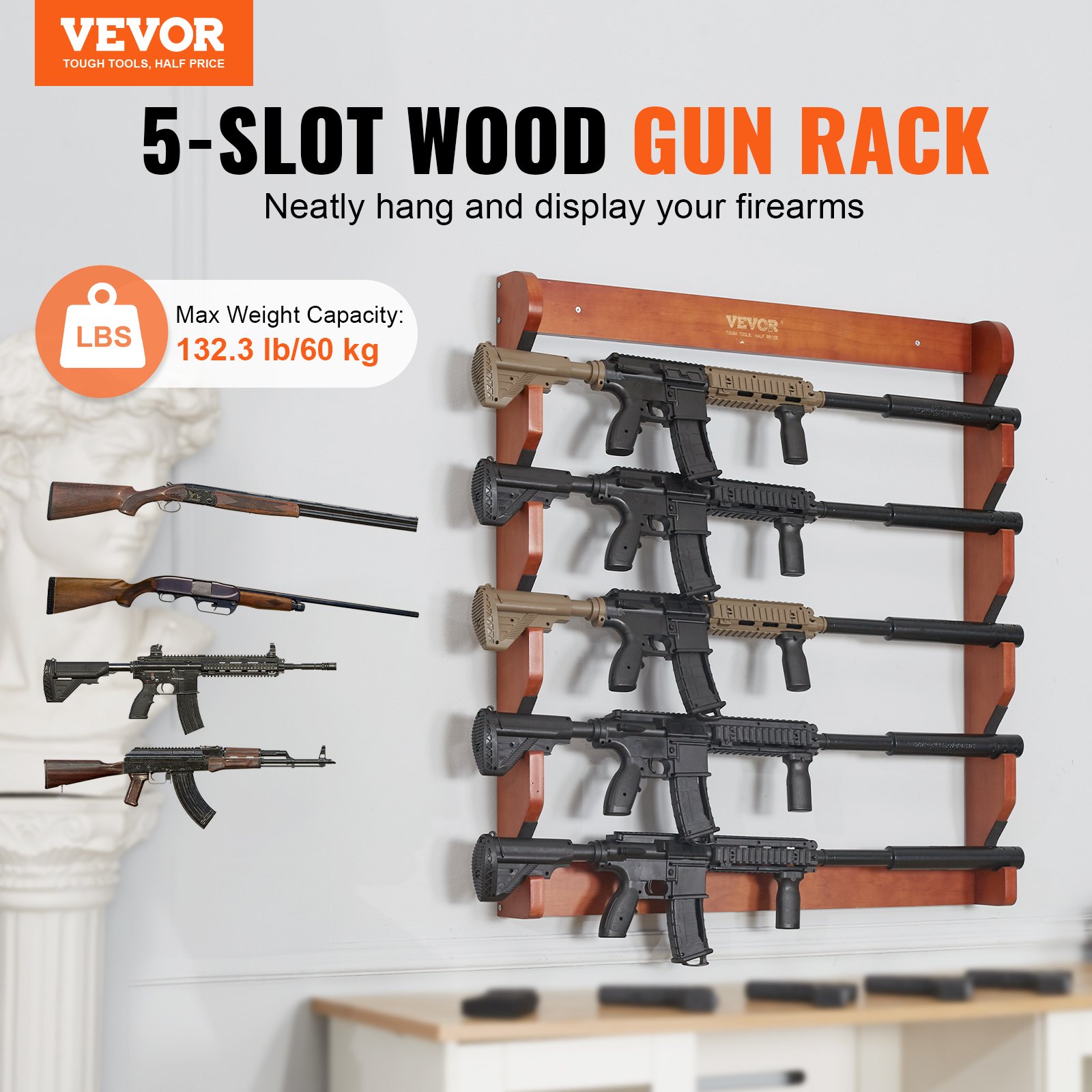 Gun Rack, Wood Wall Mount, Display Holds 5 Rifles, Shotguns, 132 Lb Heavy Duty — image 5