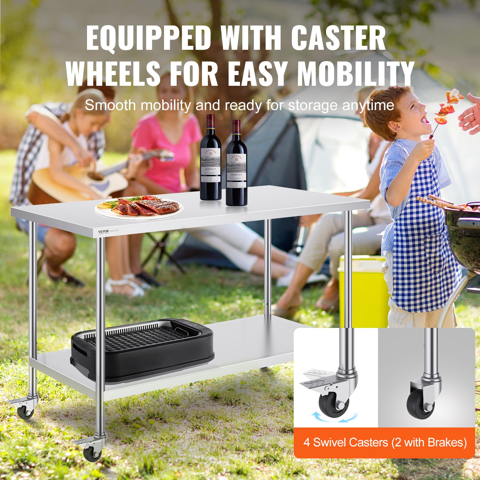 Stainless Steel Work Table 30 X 60 X 38 Inch, With 4 Wheels, 3 Adjustable — image 2