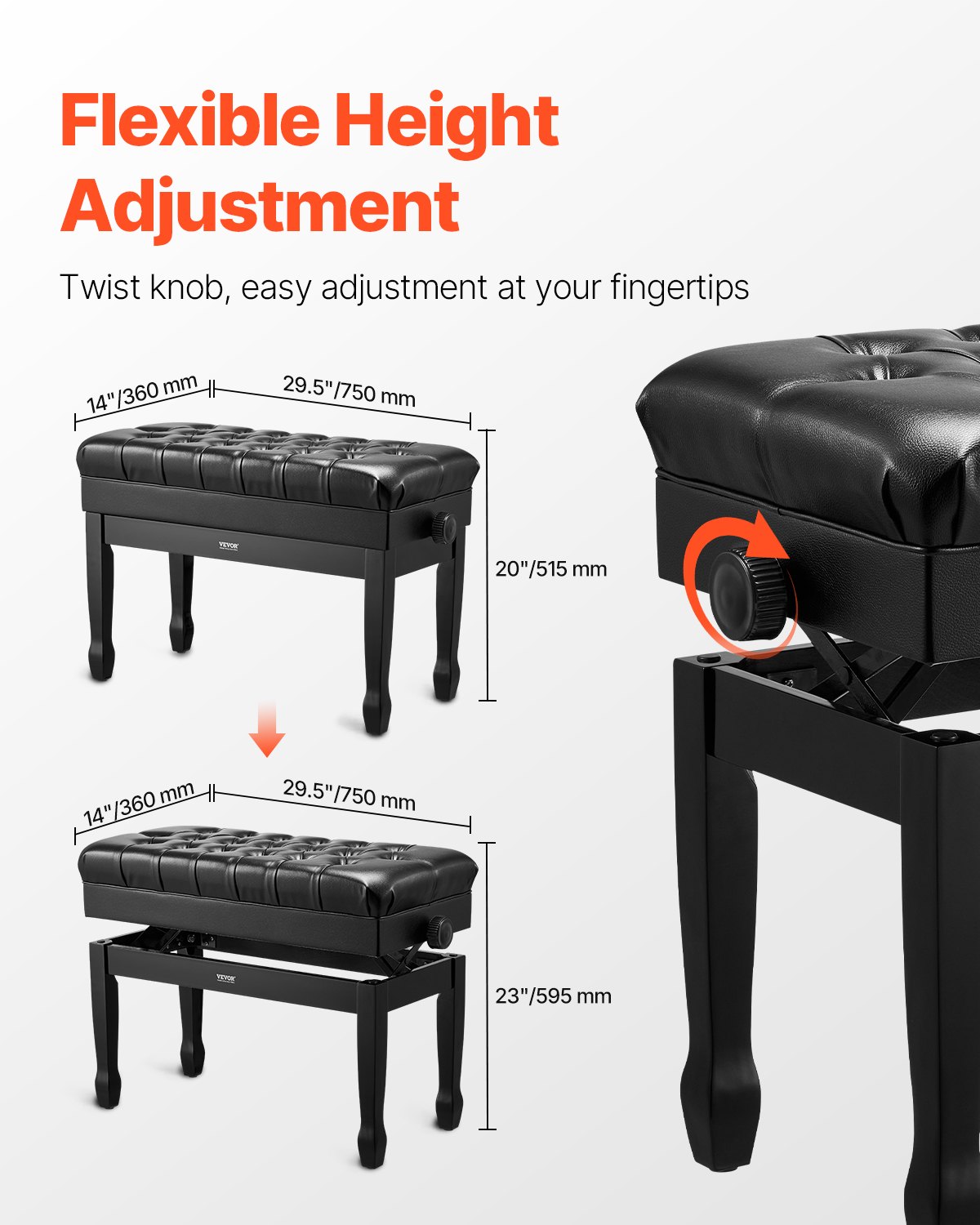 Piano Bench, 29.5" X 14" X 20.3", Duet Keyboard Chair With 20.3"-23.4” — image 2