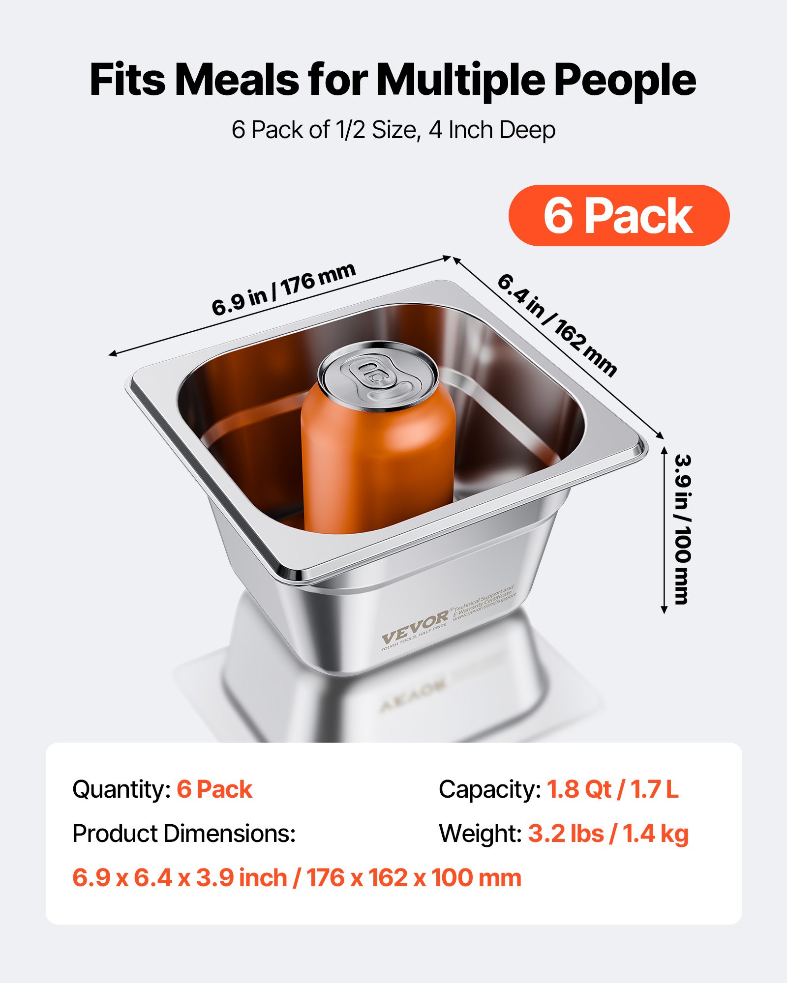 6 Pack Stainless Steam Hotel Pans, 1/6 Size Table Pan, 4 Inch Deep, Anti Jam — image 4