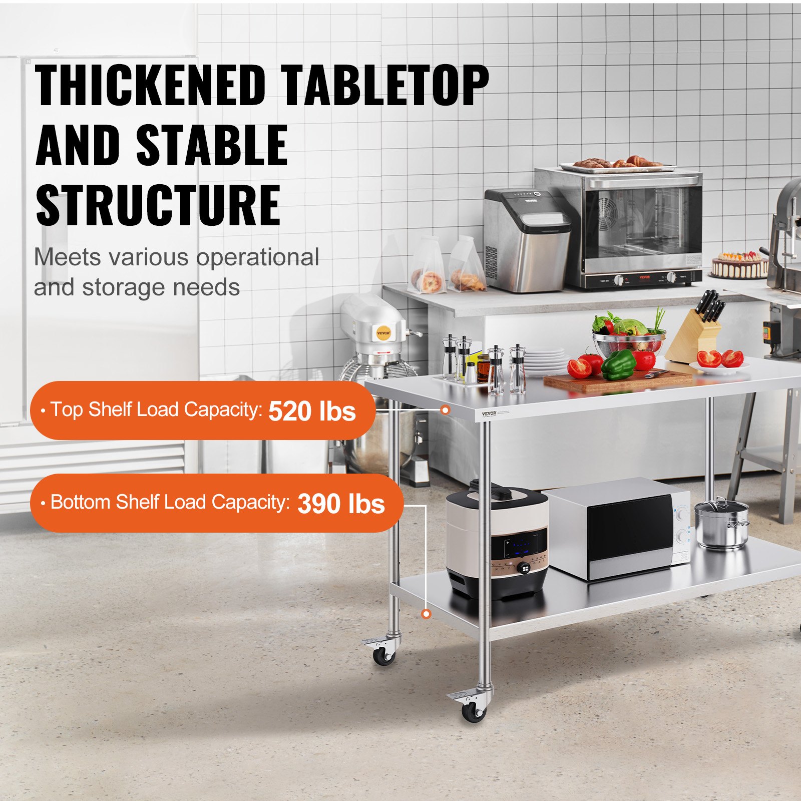 Stainless Steel Work Table 30 X 60 X 38 Inch, With 4 Wheels, 3 Adjustable — image 4
