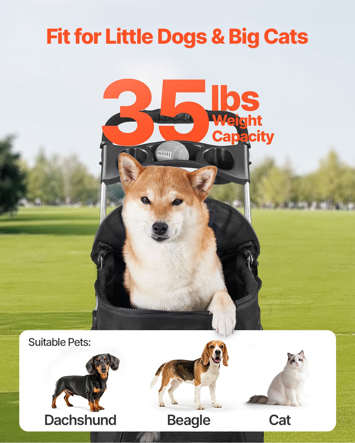 Pet Stroller, 35 Lbs Weight Capacity, Foldable Dog Cart, 4 Wheels Cats Pram — image 2