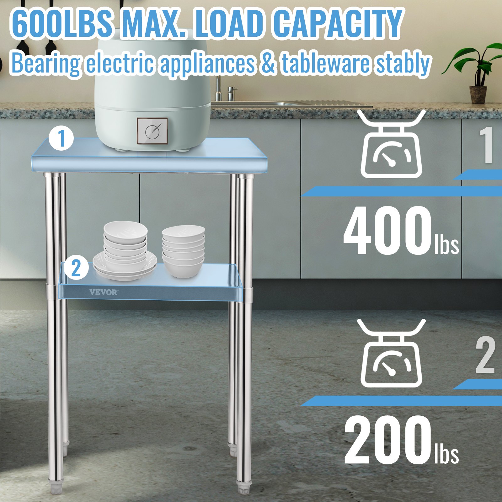 Stainless Steel Prep Table, 61 X 46 X 91 Cm, 272 Kg Load Capacity Heavy Duty