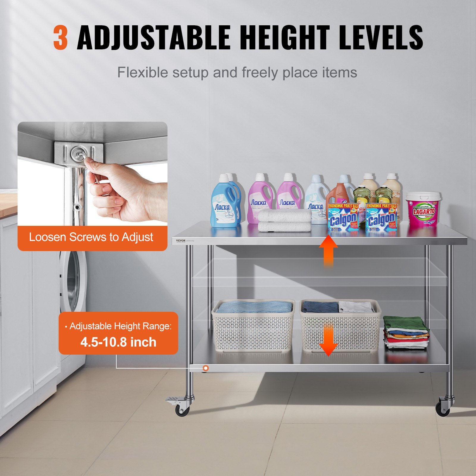 Stainless Steel Work Table 30 X 60 X 38 Inch, With 4 Wheels, 3 Adjustable — image 5