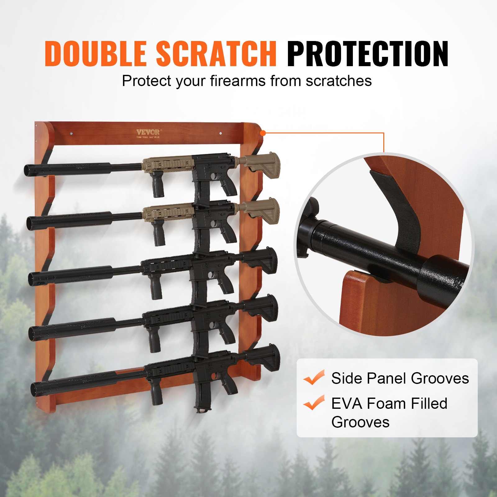 Gun Rack, Wood Wall Mount, Display Holds 5 Rifles, Shotguns, 132 Lb Heavy Duty — image 2