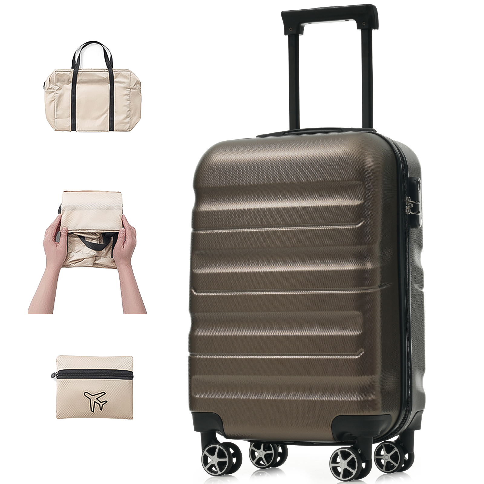 Hardshell ABS Carry-On Luggage With Spinner Wheels, Lightweight Travel Suitcase Set With Foldable Duffel Bag For Men & Women, 20Inch