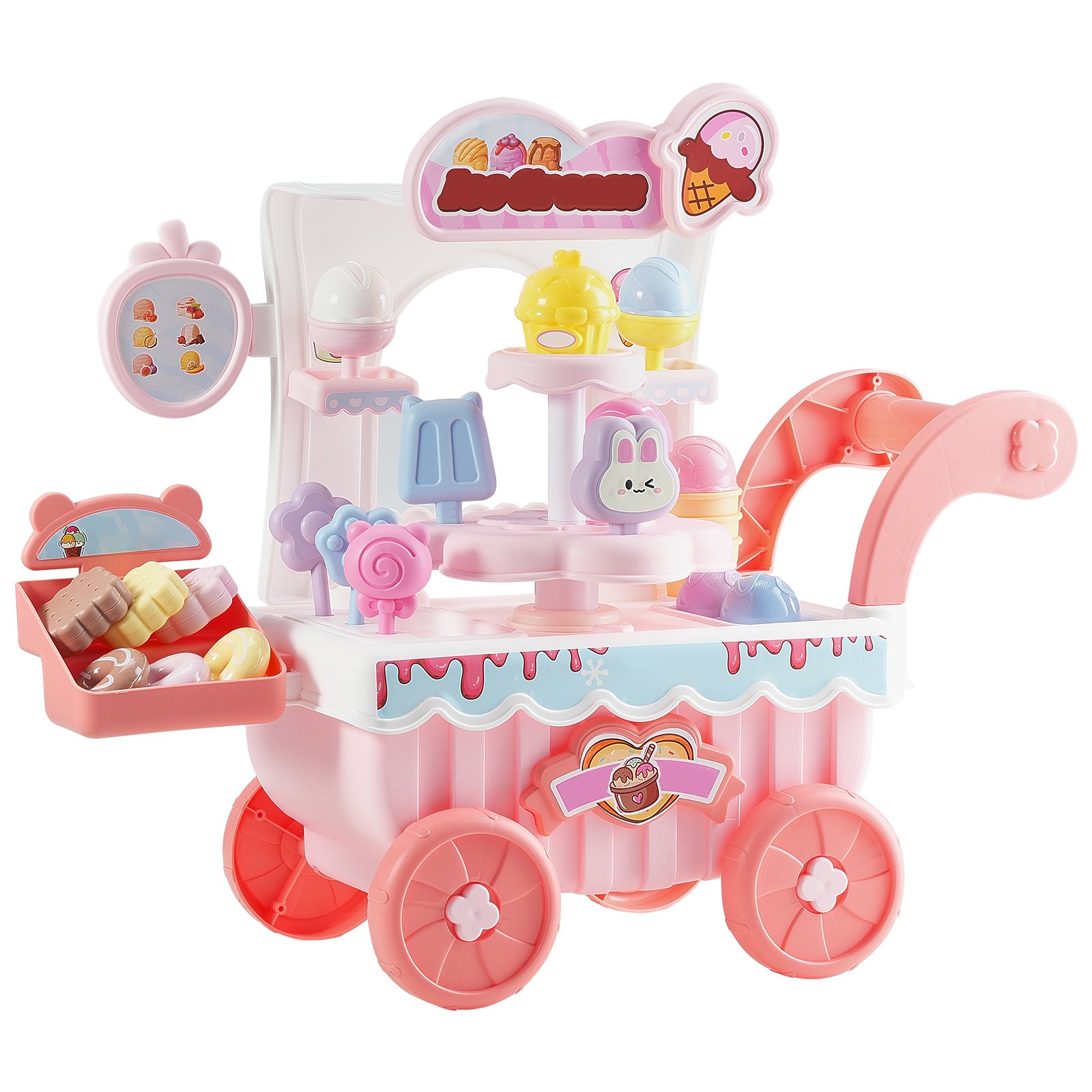 Ice Cream Cart For Kids, 27 PCS Accessories, Pretend Play Store With Storage Trolley With Pretend Money, Sound & Light Effects, Montessori Educational Ice Cream Truck Toys For Toddlers 3+ (Pink) - Image 1