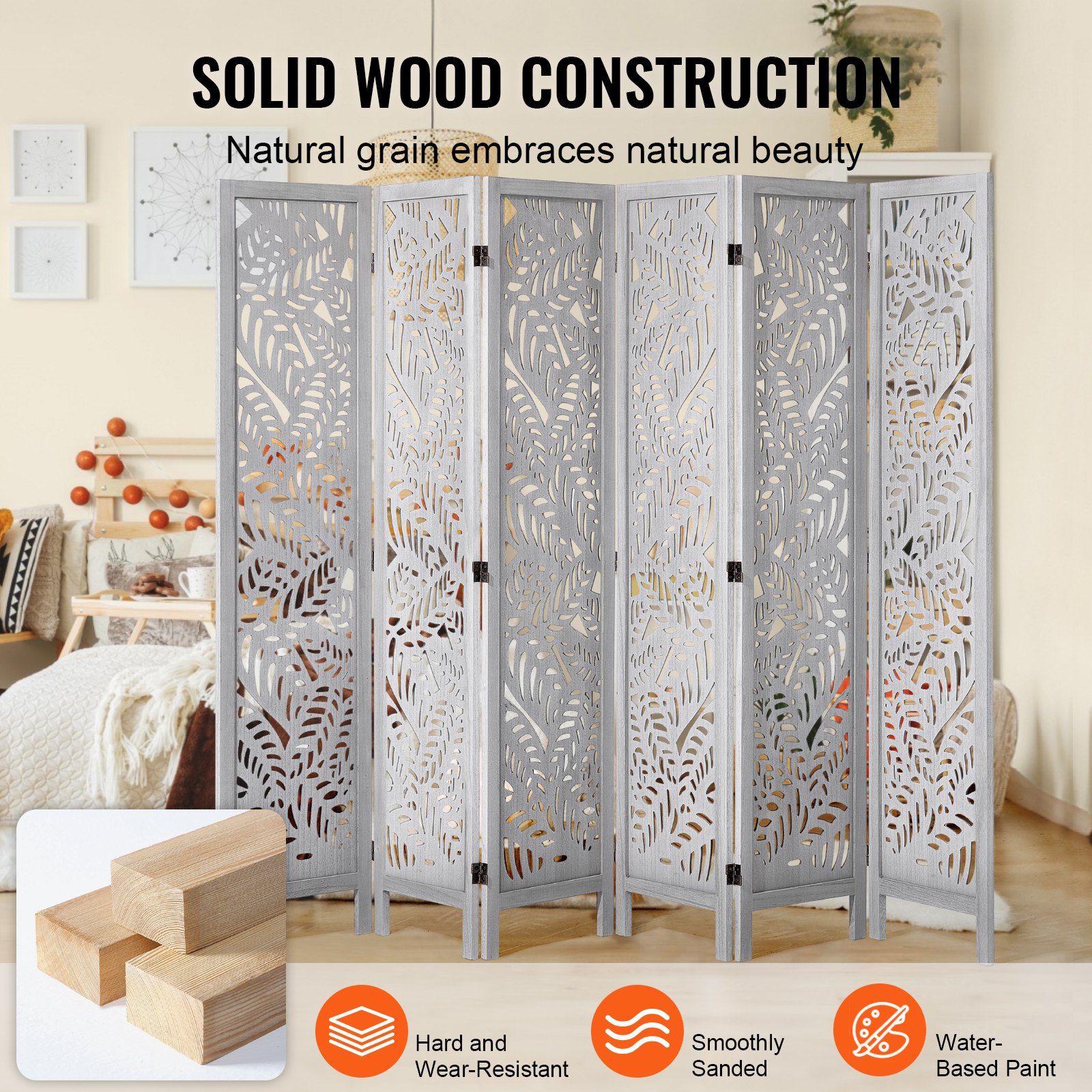 Wood Room Divider, 6 Panel Folding Privacy Screen, 66.9 Inches Tall Indoor — image 2