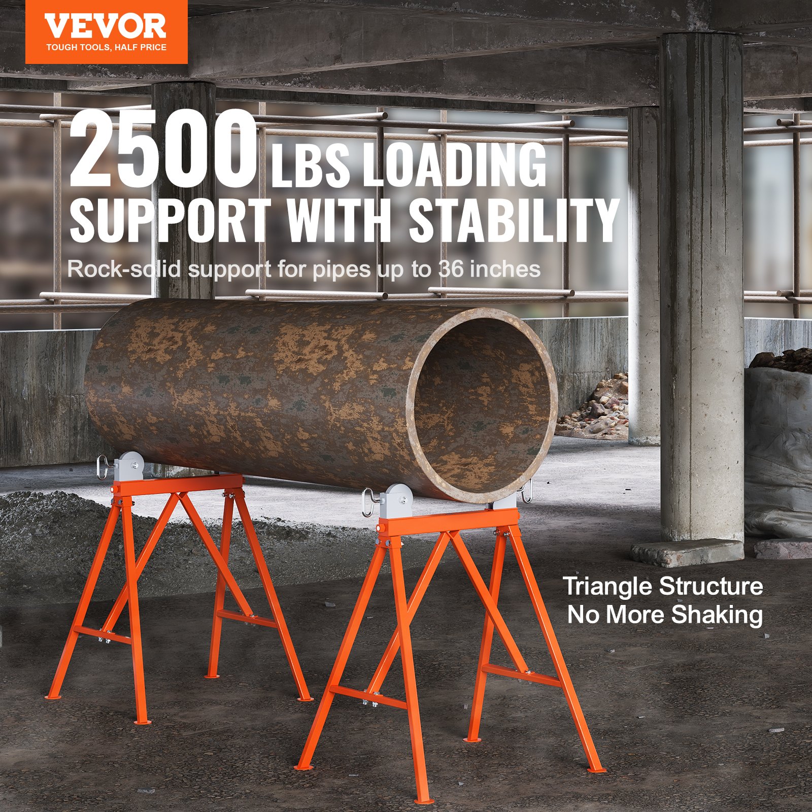 Pipe Stand With Roller Head 1134 Kg Load For 5.1-91.4 Cm Pipes 45# Steel
