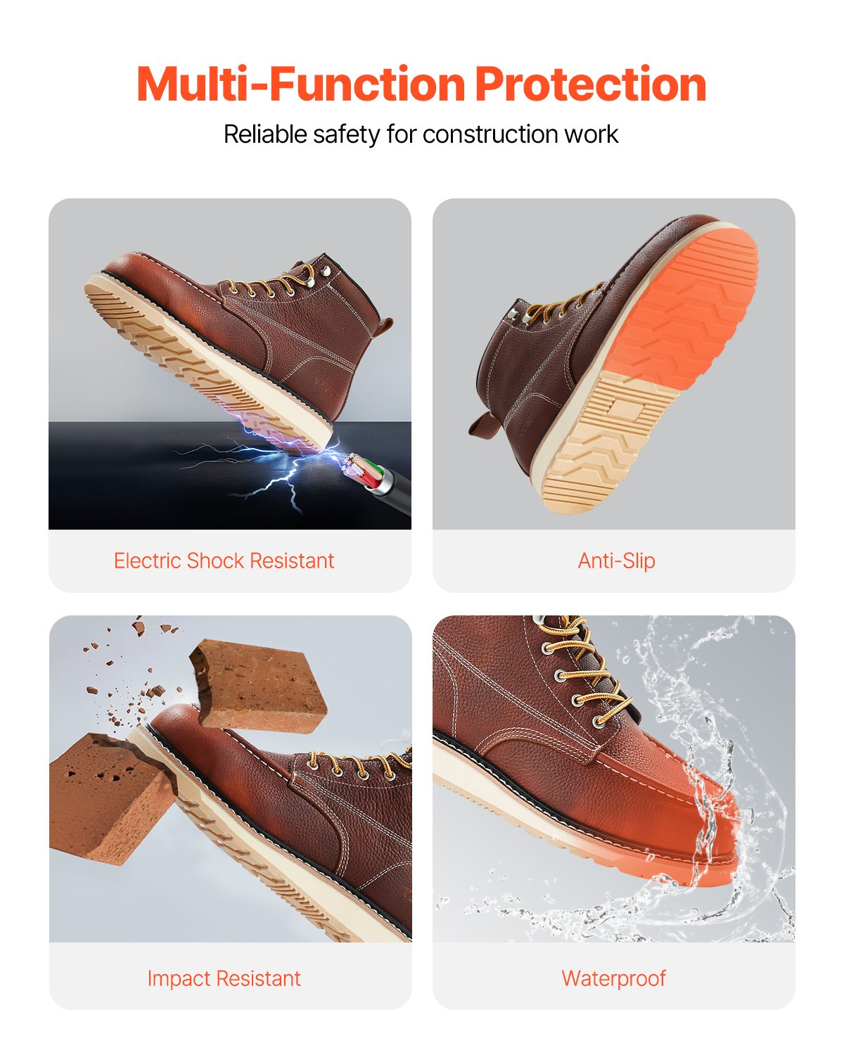 Steel Toe Work Boots, UK Size 8, Waterproof Moc Toe Work Boots For Men, Slip-Resistant Work Boot, Lightweight And Breathable EVA Rubber Sole Mens Boots For Industry Construction, Brown
