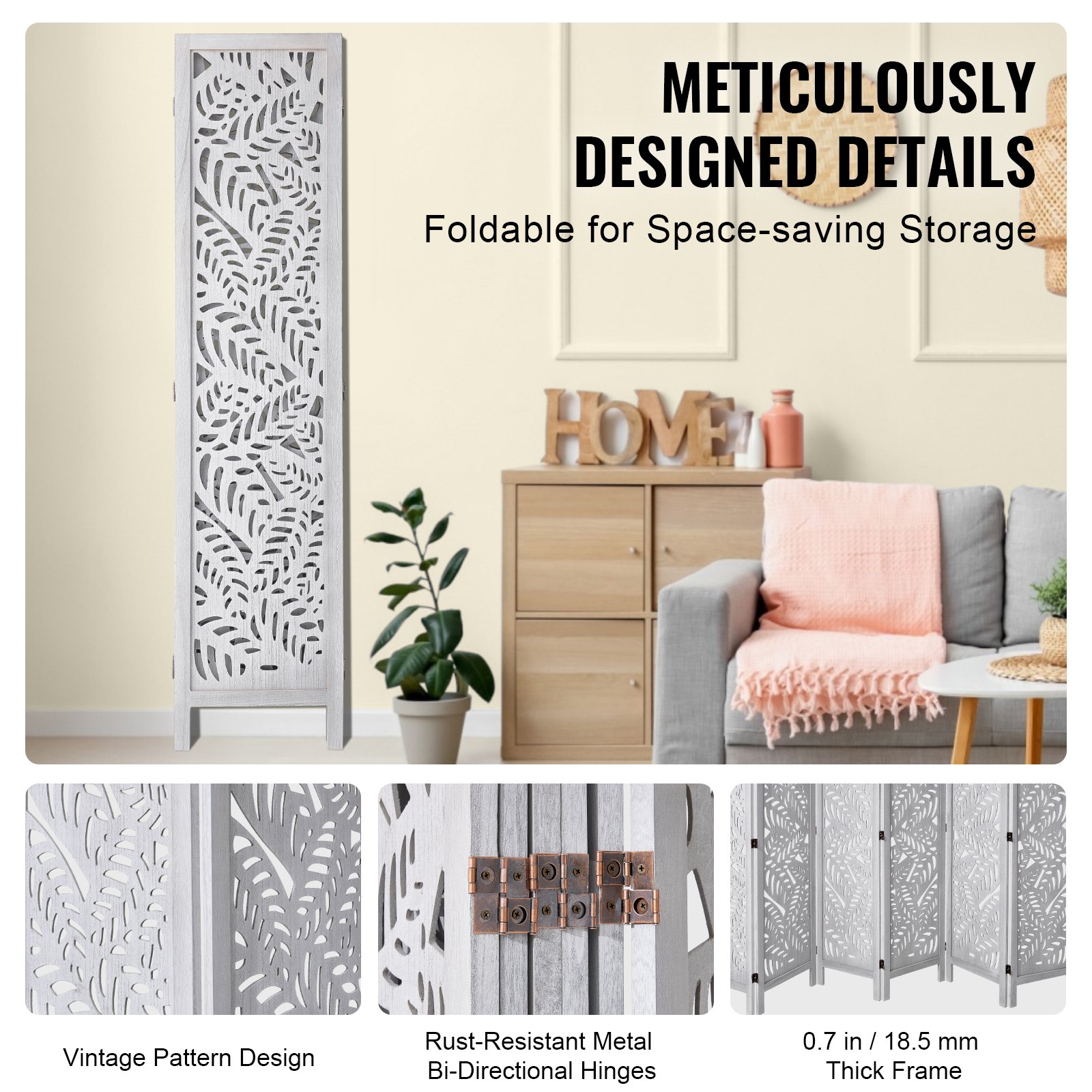 Wood Room Divider, 6 Panel Folding Privacy Screen, 66.9 Inches Tall Indoor — image 4